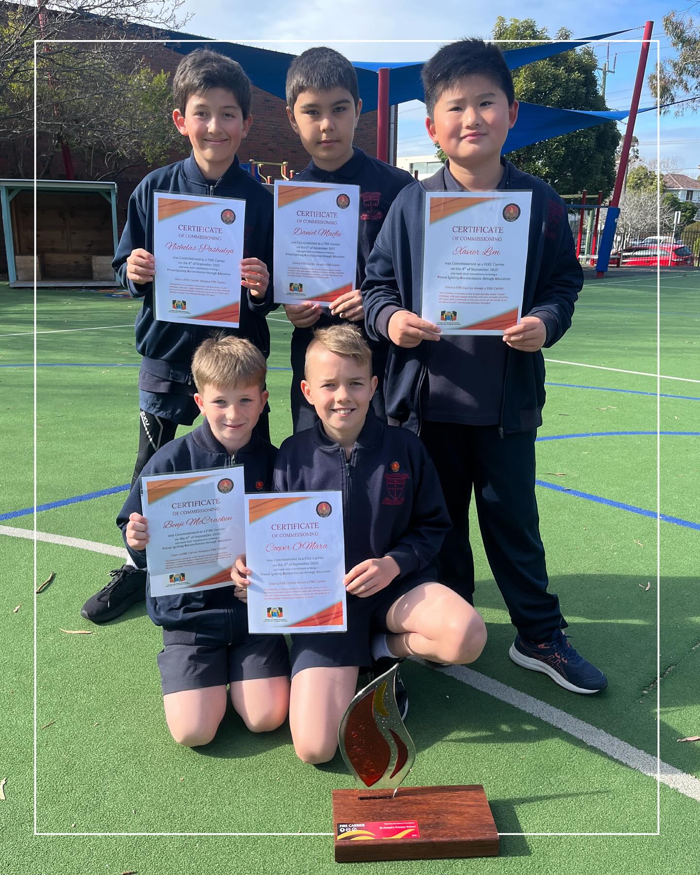 Congratulations to the Year 5 students who were recently commissioned as FIRE Carriers - Friends Igniting Reconciliation through Education. Through this program, they learn about, respect, and support Aboriginal and Torres Strait Islander cultures, while leading initiatives that promote inclusion, reconciliation, and social justice, inspired by our Catholic values.
We are proud of our students for embracing this important leadership role in our school and community!