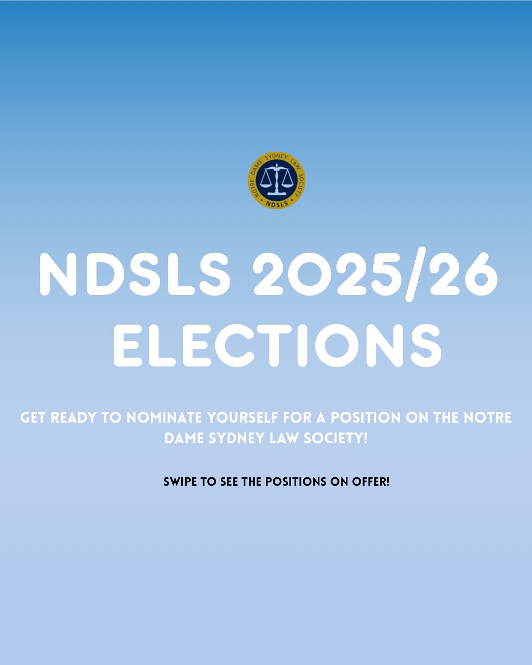 The NDSLS Elections 2025 are coming! ⚖️
The Notification Period begins Monday, 15 September at 12PM. This is your chance to prepare for nominations and get ready to have your say in electing next year’s committee!
Key dates:
📌 Nomination Period: Monday, 15 September 12PM – Friday, 26 September 12PM
📌Campaigning Period: Monday, 29 September 12PM – Sunday, 5 October 12PM
📌Voting Period: Monday, 6 October 12PM – Thursday, 9 October 12PM; and
📌Results Released: Saturday, 11 October at the NDSLS Law Ball
Get involved, stay informed, and make your voice count! 💼✨