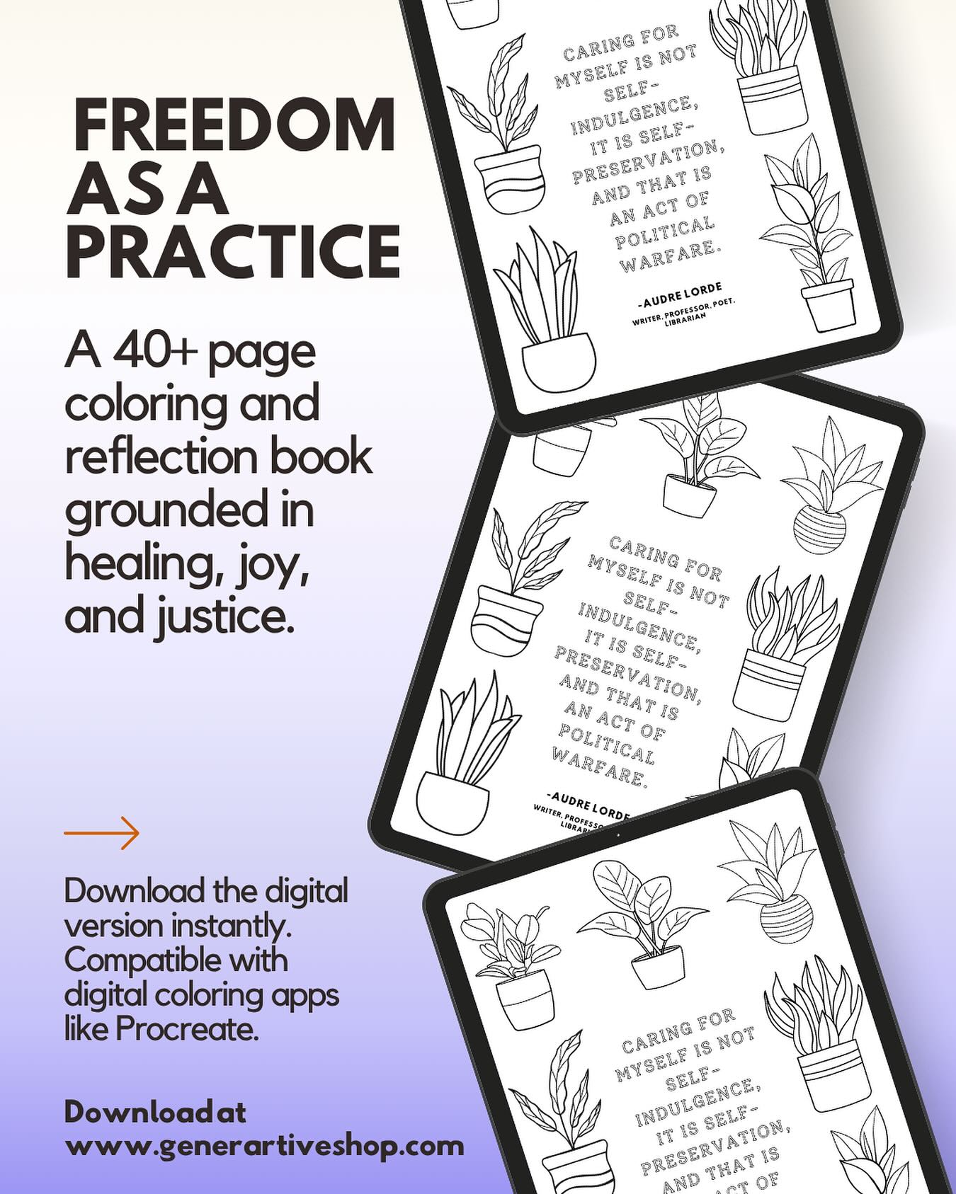 The digital edition of Freedom as a Practice: A Coloring + Reflection Book is now available! 🌿🖤
Perfect for anyone navigating burnout, grief, or the intensity of movement work — this book weaves together grounding practices, quotes from feminist thinkers, and nature-inspired illustrations.
Download, print at home, or use on your tablet for a reflective and creative pause wherever you are.
💻 Digital Copy: $12
📲 Get yours through the link in my bio
#FreedomAsAPractice #ColoringForHealing #CollectiveCare #SocialJusticeArt #RestAsResistance #LiberationInColor #GenerArtiveShop