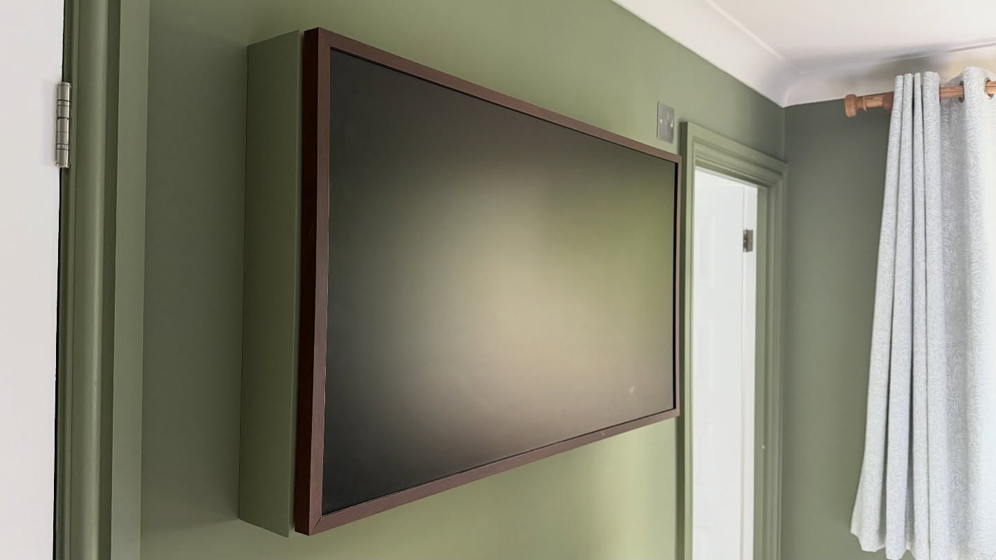 Samsung art television installation, our customer requested that we create a way of hiding all the to boxes, cables sky box and accessories, we manufactured a mitred edge box exactly to measure for hiding all the devices and mounting with a cleat onto the stud wall. Finished in the same colour of the rest of the bedroom. Which will also be revealed on a much larger project soon. Don’t you love this solution? Get in touch for decorating related carpentry and painting work #carpentry #handyman #arttv #decorating