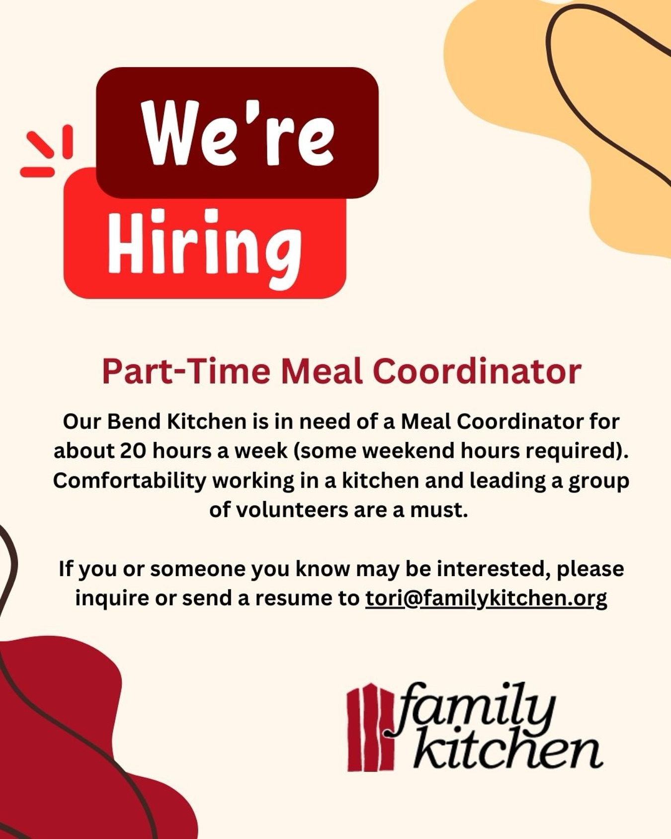 Come join the Family (Kitchen)! We are looking for a part-time Meal Coordinator at our Bend location.
The full job description can be found at the link in our bio. Please reach out with any questions!