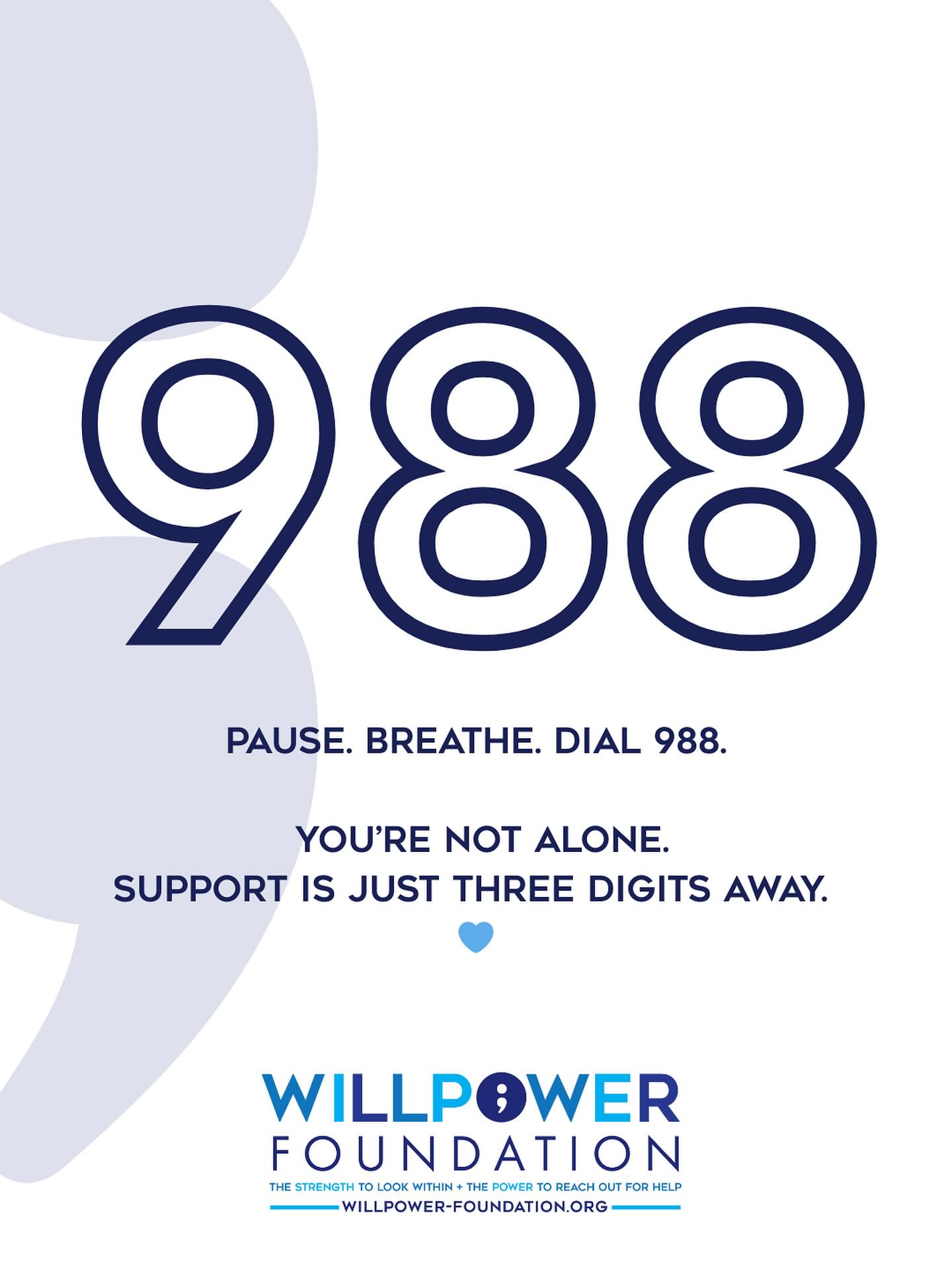 Today, September 8th, is “988 Day.”
At WillPower, we talk a lot about the Pause—that moment to take a breath, check in with yourself, and remember you don’t have to do this alone.
988 is still new—just in its second year—but already it’s become a lifeline. Three simple digits can connect you, anytime day or night, with a caring counselor who will listen and help you through.
On this 988 Day, please remember:
✨ You don’t have to carry it all by yourself.
✨ Sometimes the bravest step is to pause… and reach out.
📞 Call, 💬 text, or 💻 chat 988 anytime, anywhere.