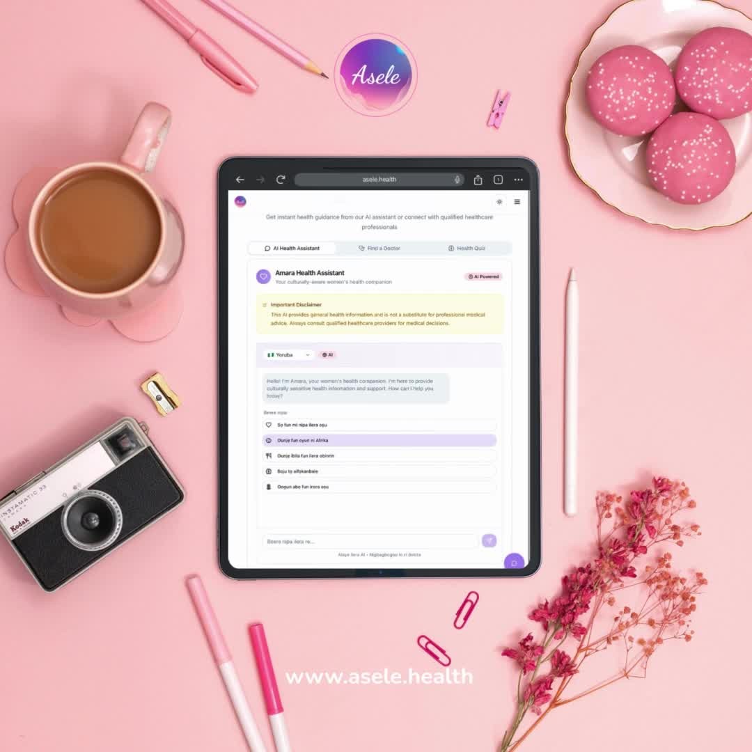 We have a new feature just for you!
We’ve added a health companion inside the Asele web app — her name is Amara. She’s here to chat with you in the language you’re most comfortable with: English, Yoruba, Hausa, Igbo, Swahili, or French.
With Amara, you can ask about:
💬 Menstrual health and cycle care
🥘 Traditional foods that support women’s health
🤰 Nutrition during pregnancy
🧘🏾♀️ Managing stress and mental wellness
🌿 Simple remedies for period pain
No downloads needed — just open the Asele web app on your phone, laptop, or tablet.
🔔 Please note: Amara shares general health information, not medical advice. For anything serious, always speak with a qualified healthcare professional.
Try it out today! 🌸
#AseleApp #WomensHealth #FemTech