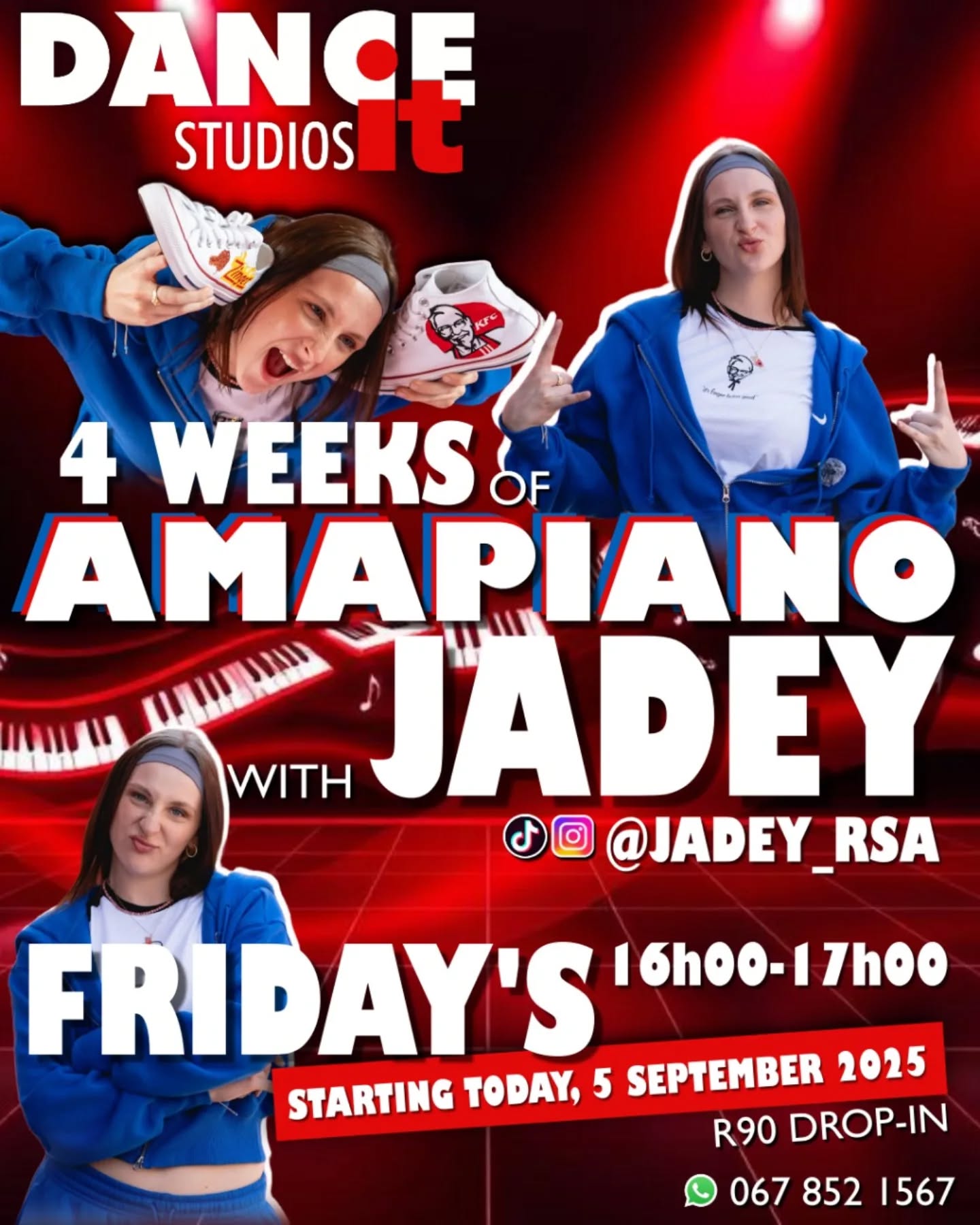 ATTENTION DANCERS‼️🚨
We have an exciting announcement 📣
@jadeyrsa will be giving 4x Amapiano classes for the month of SEPTEMBER every FRIDAY 16h00-17h00pm starting TODAY‼️🔥
Only R90 per week Drop-In fee!
DanceIt Studios Glenanda Branch📍
For more info contact us on 067 852 1567📲
#danceit #danceitstudios #dance #dancestudio #danceclass #danceclasses #amapiano #amapianodance #dancing #danceinsa #dancersinsa #dancesport