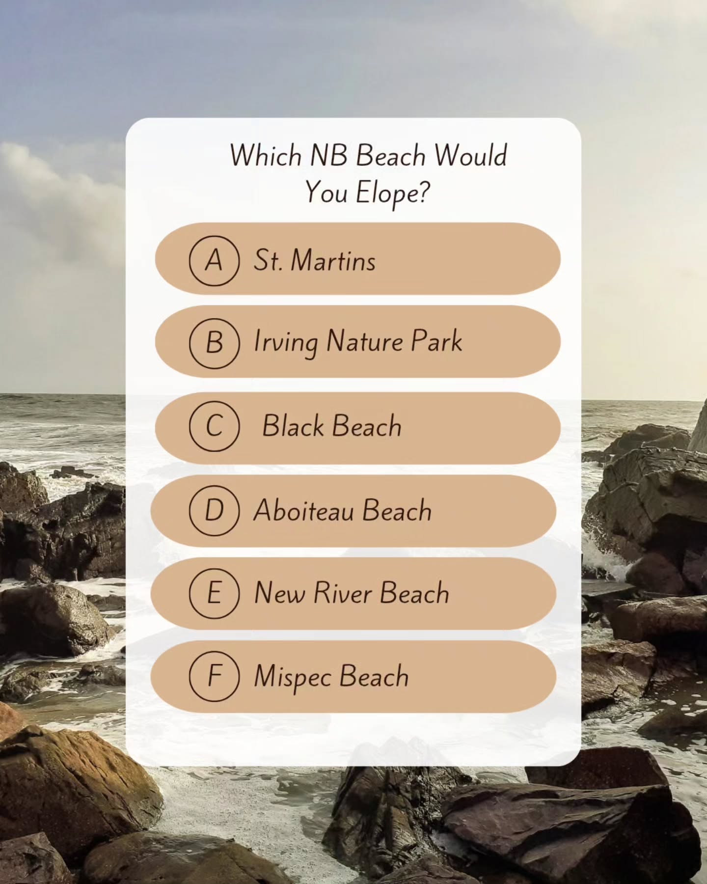 It's research & development time for @nb.microweddings!
🌿 Sound off in the comments, which beach you would get married at in New Brunswick! We are putting together our new outdoor nature elopement series for next year, featuring waterfalls, beaches, and summits in our beautiful province. 🌿
Check out our website to get put on our waiting list for up to date information on our 2026 & 2027 releases! 💍