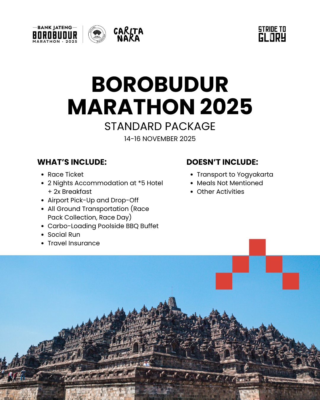 Limited slots only! Secure your Borobudur Marathon 2025 package today!
Run through history at the Borobudur Marathon 2025, one of Indonesia’s most iconic races where culture, community, and competition come together.
With our Standard Package, everything is taken care of so you can focus on the run:
-Race ticket
-2 nights at a 5-star hotel with breakfast
-Airport pick-up & drop-off
-Ground transportation for racepack collection and race day
-Carbo loading BBQ buffet
-Social run
-Travel insurance
Choose your category—10K, Half Marathon, or Full Marathon—and immerse yourself in an unforgettable race weekend.
Secure your package today and stride into glory at Borobudur Marathon 2025.
#BorobudurMarathon #BorobudurMarathon2025 #MarathonIndonesia #YogyakartaMarathon #RunBorobudur #MarathonTravel #RunningCommunity #RunInIndonesia #HalfMarathon #FullMarathon #10KRun