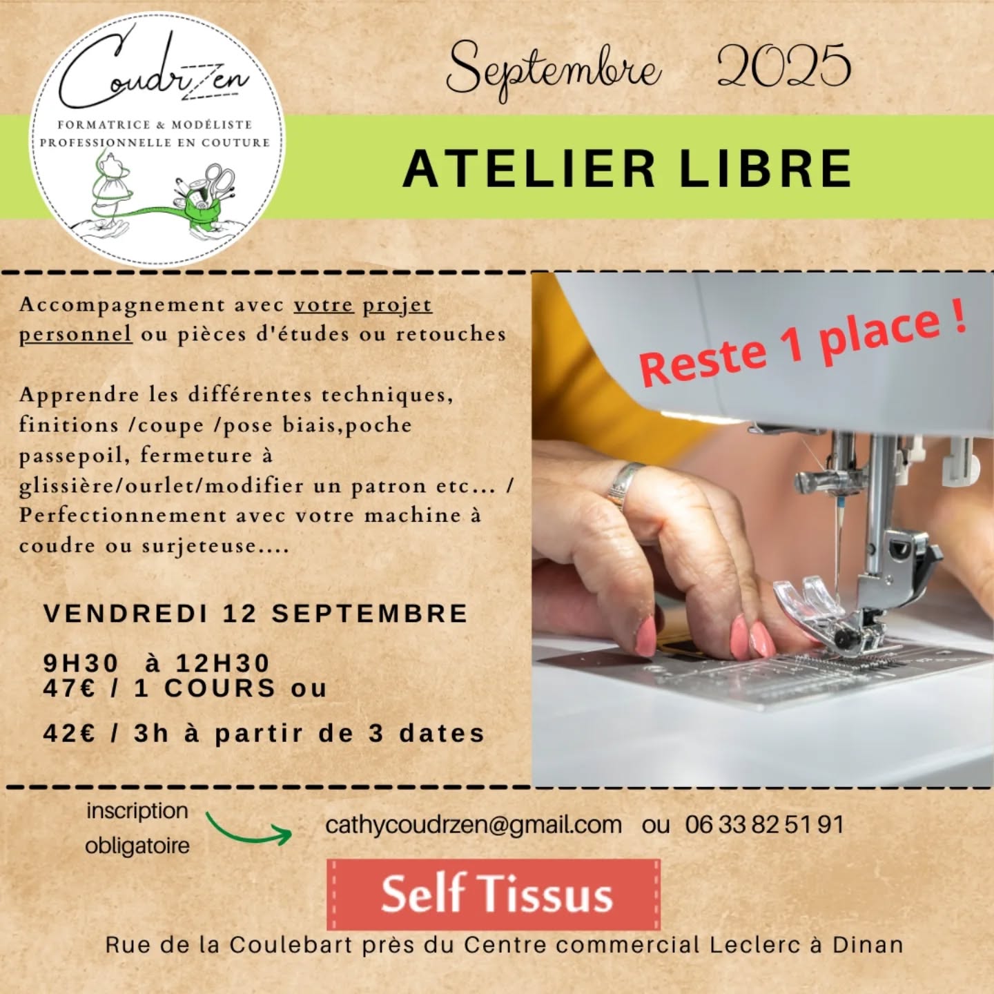 N'hésitez pas à vous inscrire à la dernière minute ! Il reste 1 place pour vous. 😃
Je serai ravie de vous accueillir chez @selftissus_dinan pour vous aider dans votre nouveau projet 😃
Contactez moi au 06 33 82 51 91 ou cathycoudrzen@gmail.com
#couture ##passion #surjeteuse #machine à coudre #plaisir