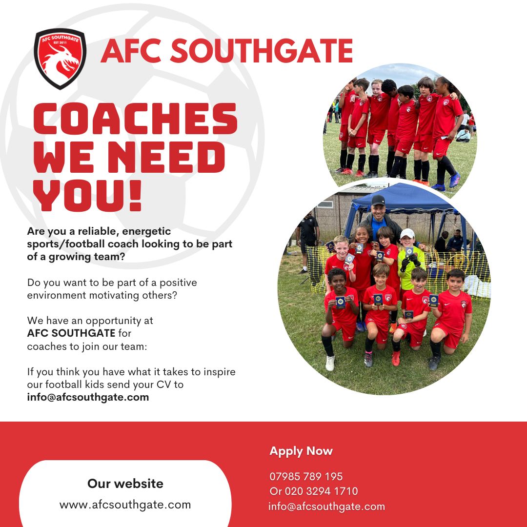 Football Coaches we need you!
AFC Southgate are looking for coaches to join our growing team.
Interested? Send us a DM or visit us at our website https://f.mtr.cool/oxqjnuaoda
#footballcoach