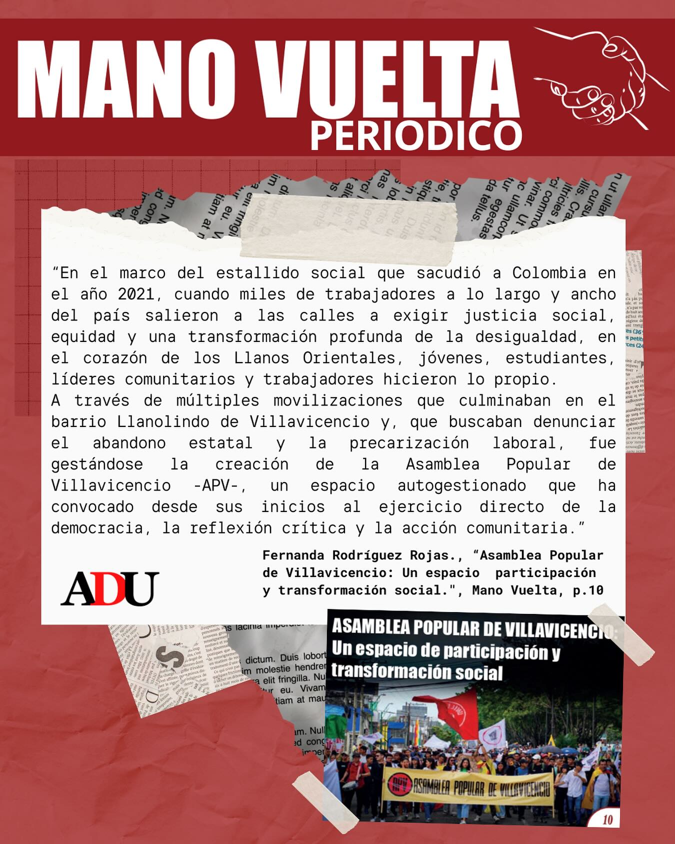 La Asamblea Popular de Villavicencio (APV) nace en 2021 como respuesta al abandono estatal y la precarización laboral. Un espacio de democracia directa y acción comunitaria.
Sigue leyéndolo en MANOVUELTA 📰🤝🏻 LINK EN LA DESCRIPCIÓN