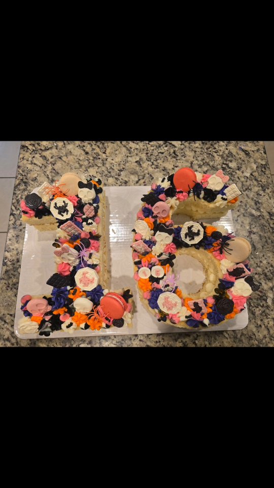 ✨🎃 A cake fit for a Halloween-loving princess 👑🖤 This moist vanilla Number Sixteen beauty was crafted for a spooktacular Sweet 16! Frosted in rich vanilla buttercream swirls of orange, rockstar pink, purple, white, and black, it’s the perfect mix of dark and playful. 🕸️💀
Adorned with chocolate skeleton heads, delicate spider webs, handmade chocolate bars, and finished with strawberry + vanilla bean macarons, this cake is the ultimate treat for a glamorous gothic celebration. 🧡💗🖤
Because every princess deserve a hauntingly sweet cake on their special day! 👻✨
#SweetSixteenCake #HalloweenCake #PrincessCake #SpookyAndSweet #GlamGoth #RockstarPink #CustomCakes #VanillaButtercream #HomeBakersOfInstagram #MadeFromScratch #SinfullyDelicious #HalloweenPrincess #MacaronMagic #CakeArtistry #FarmersMarketBaker #CustomTreats
