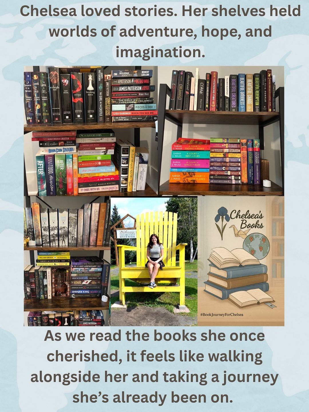 ✨ Here is a glimpse into Chelsea’s bookshelf. Her shelves were full of worlds she had already traveled.
This is what the heart of Chelsea’s Books is all about: honoring her love for reading while sharing that love with others, one story at a time.
🕊️💙 Every book we place carries her spirit forward, sparking connection, awareness, and hope.
#chelseasbooksorg #BookJourneyForChelsea #InMemoryOfChelseaWilliamson #SuicideAwareness #EveryStoryMatters