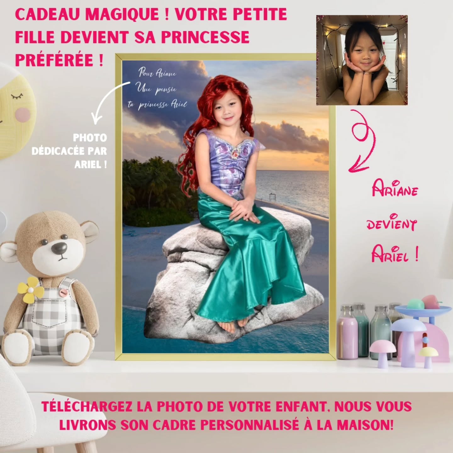 🧜♀️✨ Transformez votre enfant en véritable Princesse Ariel, la petite sirène ! 🌊🐚
Une idée cadeau magique et unique 💖
🎁 Offrez-lui un cadre personnalisé où elle devient Ariel, la princesse des océans au grand cœur et aux cheveux flamboyants !
Envoyez-nous sa photo, et on la plonge dans un univers marin féérique digne d’un conte de fées ✨🐠
💌 Un souvenir enchanteur pour décorer sa chambre et illuminer son regard !
Parfait pour un anniversaire, une surprise, ou simplement pour lui dire "tu es exceptionnelle" 🌟
📩 Commande facile : il suffit d’envoyer une photo et on s’occupe de toute la magie !
🎨 Impression haute qualité + cadre inclus
🚚 Livraison rapide et gratuite
🧜♀️ 100% personnalisable avec une dédicace d’Ariel elle-même !
📍 Dispo sur Etsy, eBay & Le Bon Coin ou sur notre site surprisemagique.fr/boutique-de-cadeaux
💖 Lien en bio pour commander directement !
👉 Taguez une maman ou un papa qui a une petite sirène à la maison ! 🥰
#cadrepersonnalisé #cadrecadeau #princesseariel #lapetitesirène #cadrephotoenfant #cadeauanniversairefille #surprisemagique #faitmainavecamour #etsy #CadrePhotoMagique
#cadredeco #disneyphoto #PrincesseDisney #decochambreenfant #cadrephotopersonnalisé #disneycosplay #contefee #anniversaireprincesse #arielcosplay #Ariel #photopersonnalisée #princesse #anniversaireprincesse