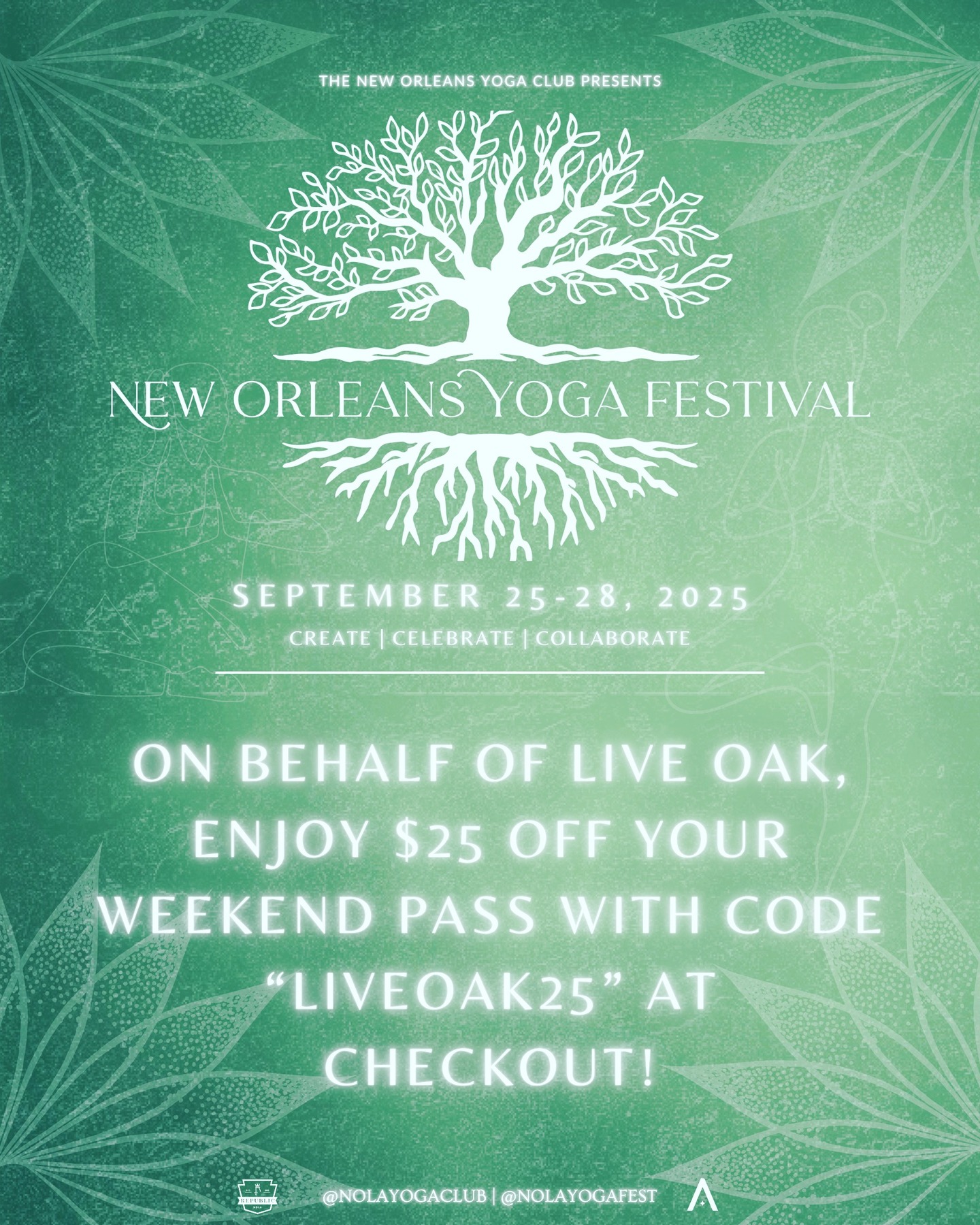 Use code LIVEOAK25 at checkout for $25 discount. Now is the time to treat yourself and experience Live Oak Yoga teachers out in the wild! There are so many great offerings at this festival, hope to see you all on the mat. #nolayoga #yogaeverydaydamnday #nolayogacommunity #nolayogafest #liveoakyoganola #yogaweekend #yogaretreat #yogadiscount #yogasale
