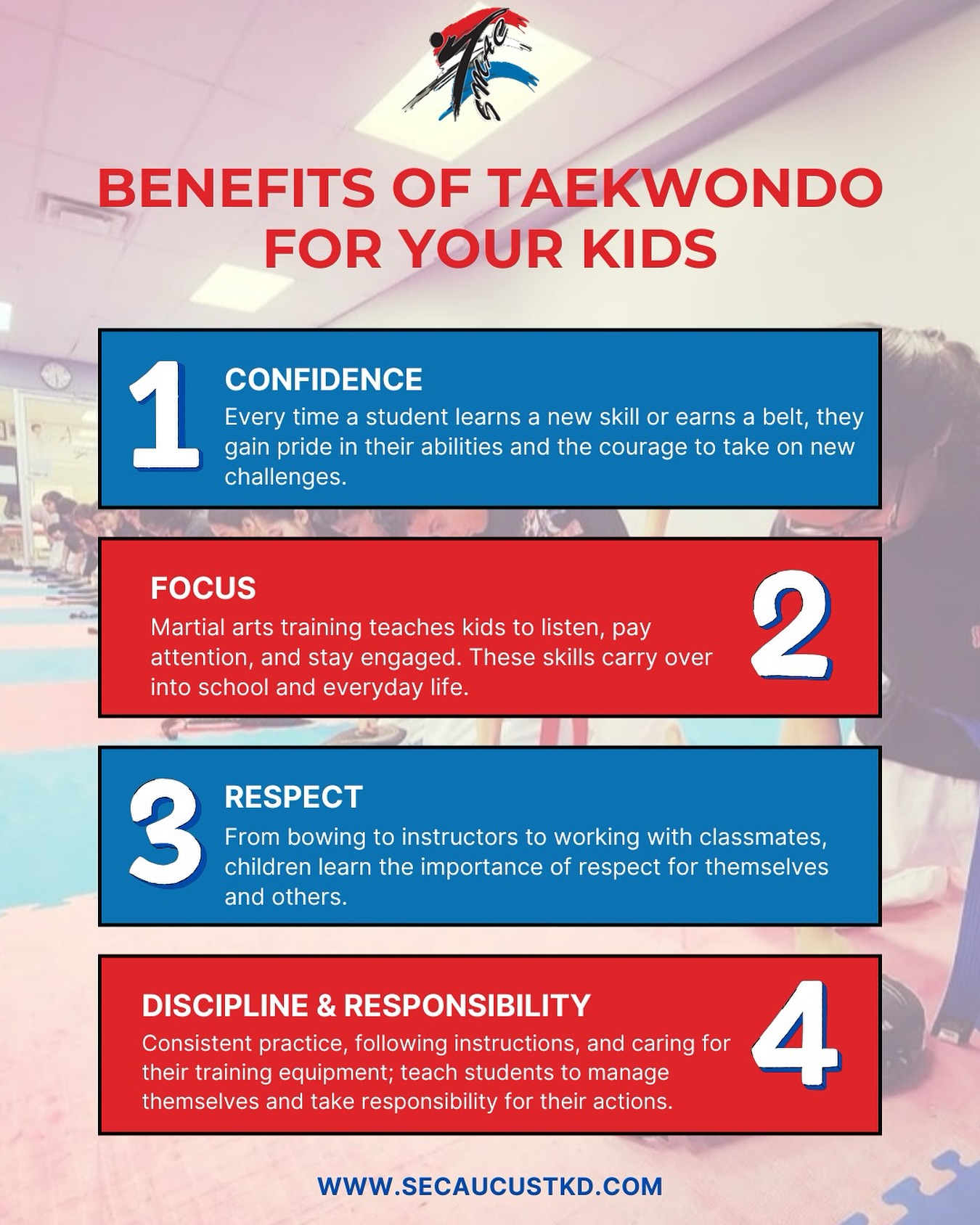 ✨ Give your child the tools to grow both on and off the mat! ✨
From building confidence to learning focus, respect, discipline, and responsibility, Taekwondo helps kids succeed in school, at home, and in life. 🥋💪
👉 Start their journey today at www.secaucustkd.com
#MartialArts #Taekwondo #Secaucus #Confidence #Discipline #SelfDefense