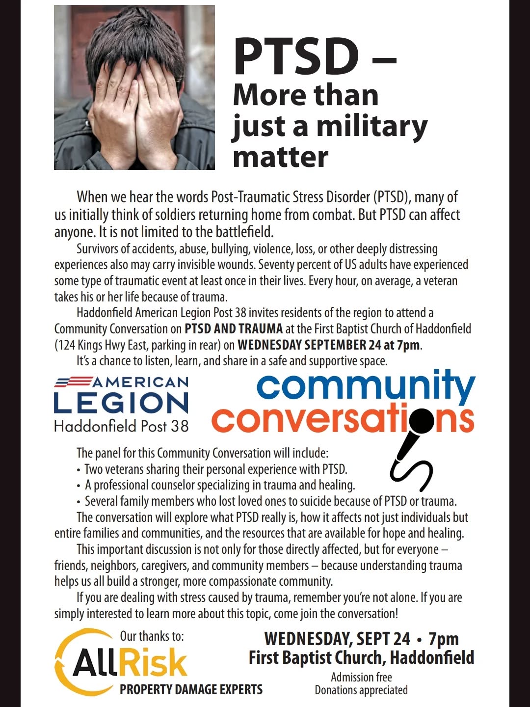 I'm on a panel of speakers for this lovely community event in Haddonfield, NJ on September 24th. Come support your community and learn about PTSD in all its shapes and sizes