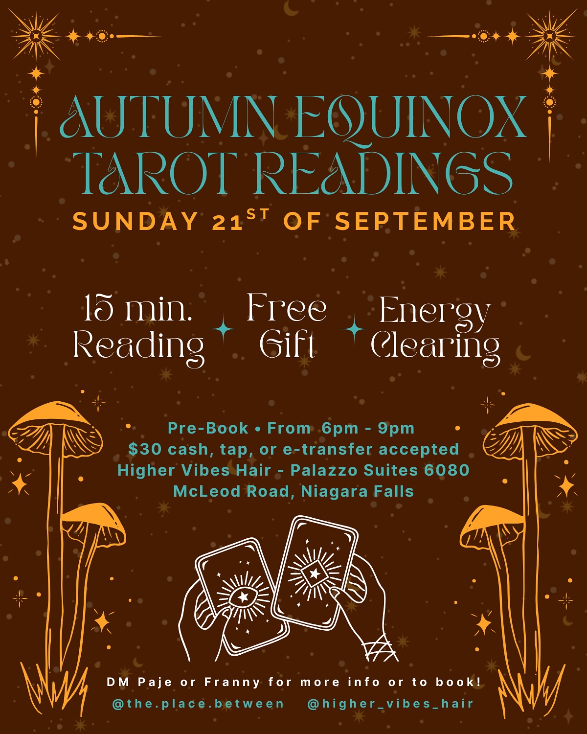 I’m teaming up with my girl Franny @frannybaz for another round of tarot sessions at her Niagara Falls studio @higher_vibes_hair
Our last event SOLD OUT (we even had to add time slots!) so I’m hoping this evening is just as magical!
When: Sunday Sept 21st - It’s also a New Moon, International Day of Peace, and during Autumn Equinox…so it seemed like a great night for this offering! 🌙 ☮️ 🍂
How to book: Send either myself or Franny a DM to claim your timeslot. Timeslots can be found on the second slide of this post. First come, first serve, must book in advance, walk-ins are not guaranteed a spot.
See you then! 🍄🟫🌾🌻🍁
#tarotnight #tarotevent #tarotniagara #intuitivereadings #intuitivetarotreader
