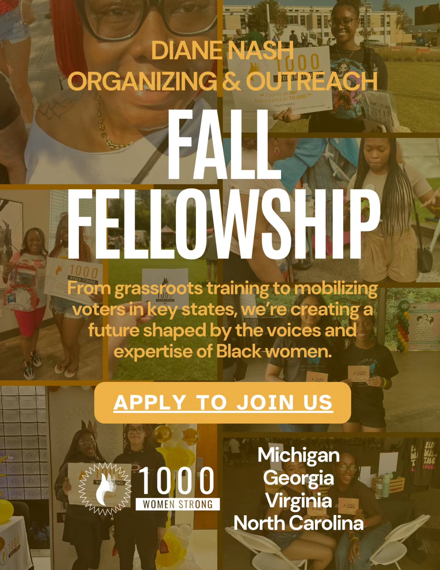 The Diane Nash Organizing & Outreach Fall Fellowship starts in one week!
Our Fellows learn how to engage and activate their communities, learn and strengthen their voices online and in-person and GET PAID to make a lasting difference.
Apply in our 🔗 in bio. Fall Fellow SZN starts Sept 15th!
#1KWS #FallFellowship #FellowSzn #Virginia #NorthCarolina #Michigan #Georgia #ApplyToday