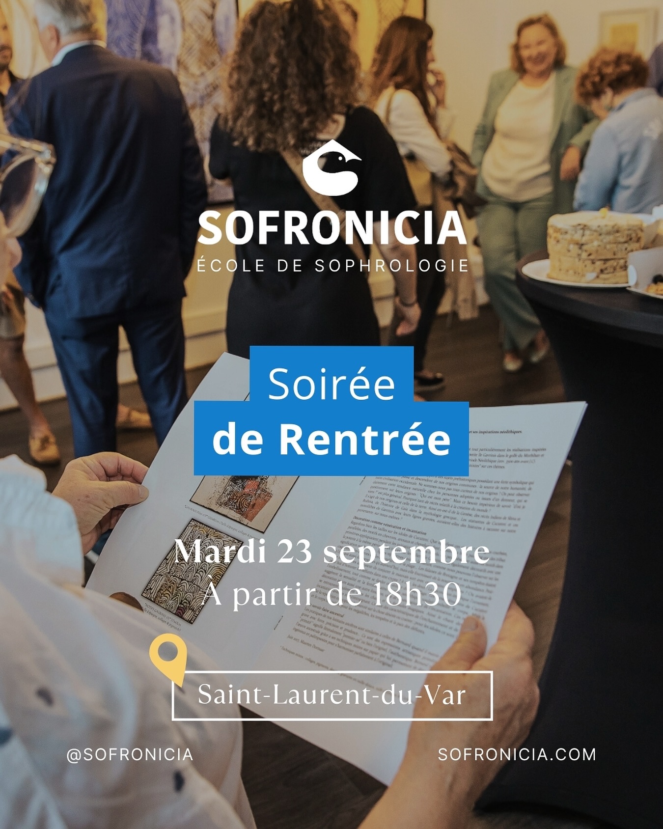 Nous avons le plaisir de vous convier à notre SOIRÉE DE RENTRÉE SOFRONICIA 2025, le mardi 23 septembre à partir de 18h30 dans notre école à Saint-Laurent-du-Var.
Venez partager un verre avec vos amis sophrologues et découvrir nos activités pour l’année 2025-2026 :
🔹 Ateliers art et méditation autour de l’exposition « au-delà de l’estampe »
🔹 Ateliers thématiques sur l’alliance, la nutrition, la résilience etc...
... et bien d’autres surprises que nous vous réservons 🎁
Informations :
📅 Date : 23 Septembre 2025
🕖 Horaire : 18h30
📍 Lieu : Sofronicia, 40 boulevard Jean Ossola, Saint-Laurent-du-Var
Invitez vos amis à venir découvrir notre école et notre centre de pratiques. Un espace pour les sophrologues, les futurs sophrologues, mais également pour les sportifs, artistes et toute personne ouverte à l’échange et à la découverte.
Inscription :
📧 ecole@sofronicia.com
📞 06 84 70 51 29
🖥️ www.sofronicia.com
#sofronicia #formationsophrologie #sophrologienice #sophrologiecaycedienne #devenirsophrologue #devenirsophrologuenice #sophrologiepaca #sophro #formationsophrologue #sophrologie #sophrologue