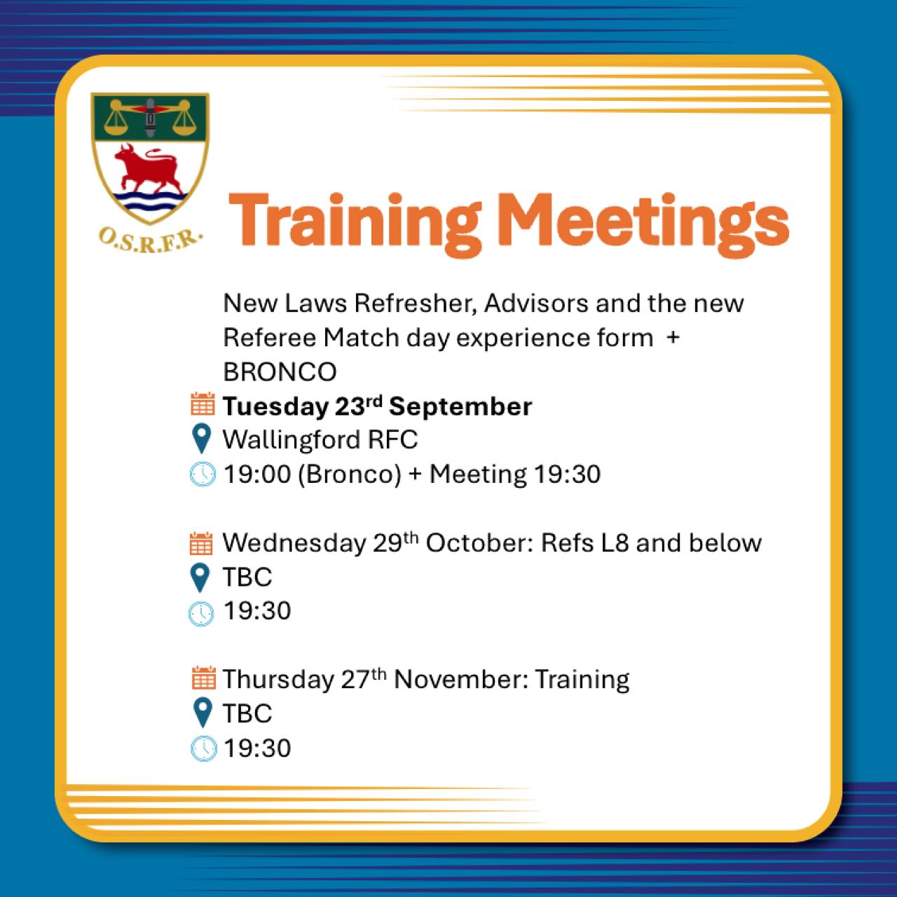 Quick update on our training meeting for September when we will be refreshing the ‘new laws’ which we reviewed in August and then focusing on the new ‘Match Day Experience form’ and the role of advisors. The new form will be replacing the existing set of forms, which differ as you progress through the levels. This should be a more interactive process, with referees providing their input and with the intention of making the whole process more of a 2-way interaction between match day advisor/developer and the match official.
This session will be over @wallingfordrfc with a final opportunity to run the Bronco at 19:00 before the meeting starts at 19:30.
See some of you there!