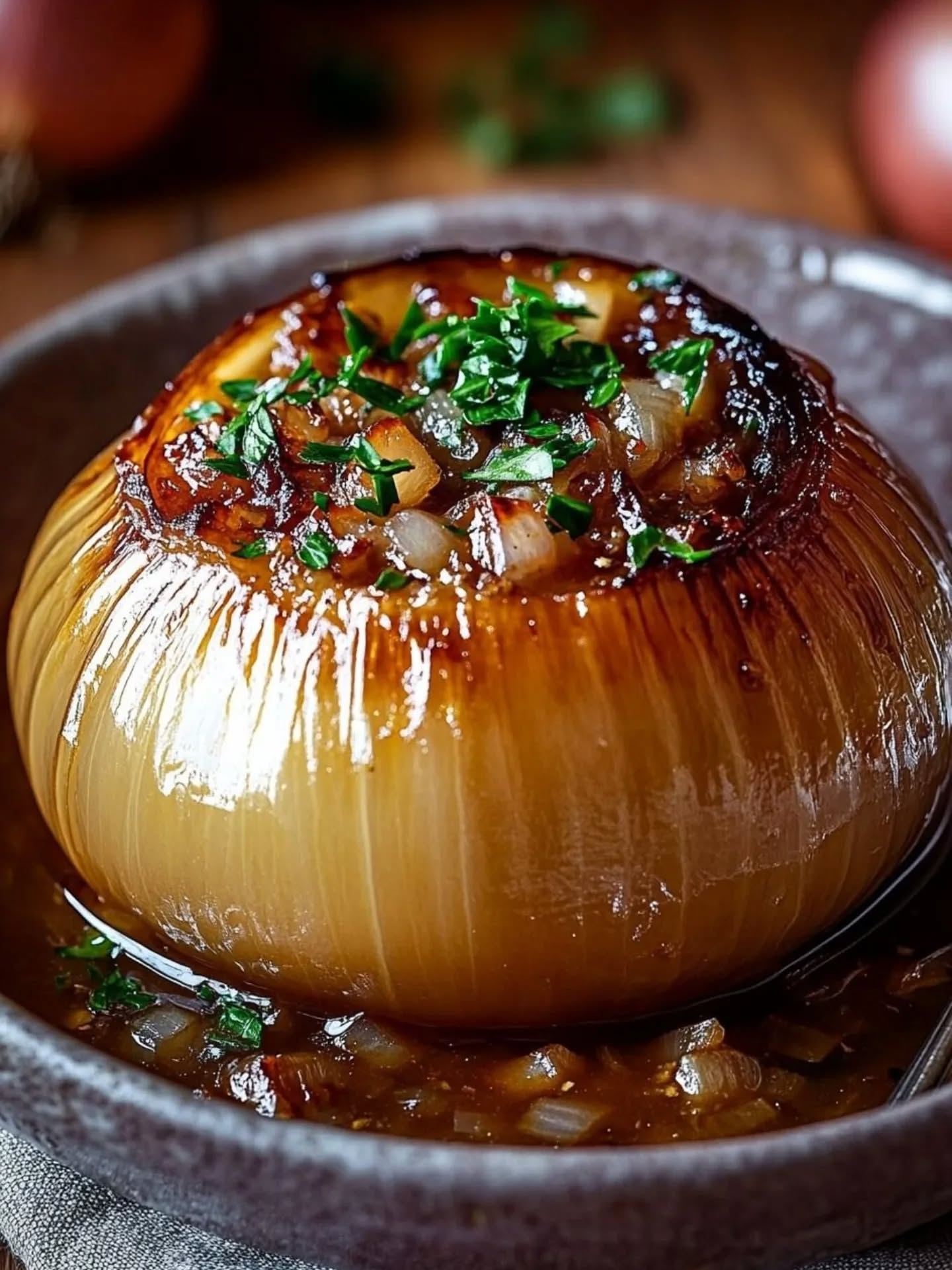 Experimente nossa cebola inteira assada com vinagrete quente! Uma combinação perfeita de sabores que vai encantar seu paladar.