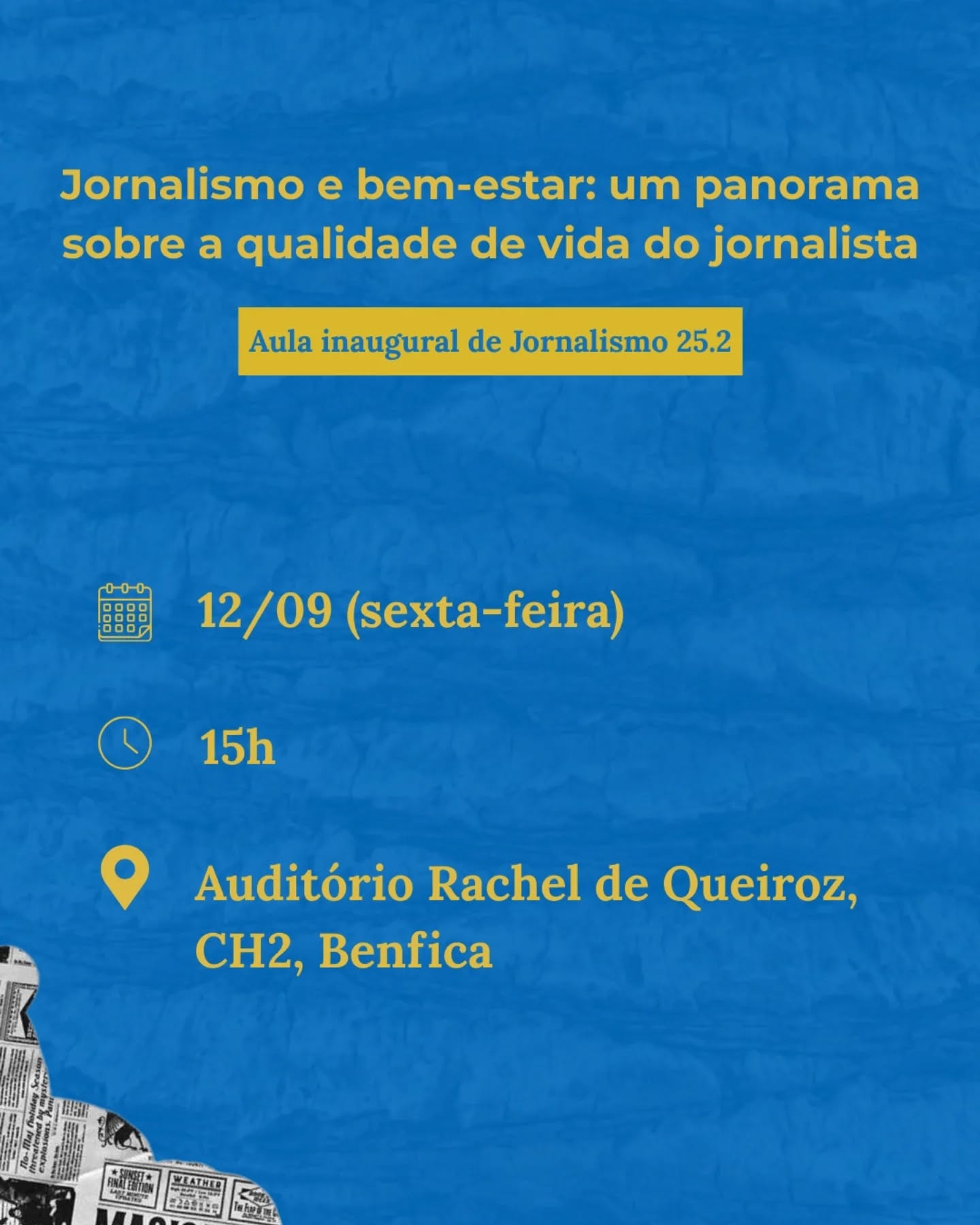 Nesta sexta-feira, dia 12 de setembro, o curso de Jornalismo realizará sua aula inaugural do semestre 2025.2 com o tema "Jornalismo e bem-estar: um panorama sobre a qualidade de vida do jornalista"
A mesa acontecerá às 15h, no auditório Rachel de Queiroz, localizado no Campus Benfica, Centro de Humanidades II, e irá tratar sobre as condições de saúde física e mental do profissional jornalista no mercado de trabalho
A convidada é a jornalista e psicóloga Neila Fontenele, editora-chefe e colunista do caderno Ciência & Saúde do jornal impresso do OPovo
A mediadora do debate será a professora Cida de Sousa, doutora em Comunicação e Cultura pela UFRJ. Realiza pesquisa de pós-doutorado sobre Gênero, Política e Discursos de Ódio no PPGCOM/UFC
