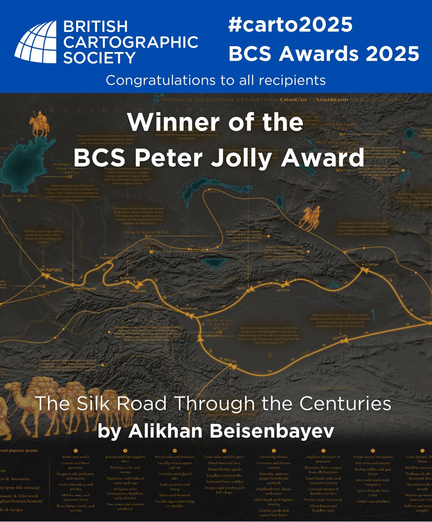 Thank you to all our members who entered and voted for the BCS Peter Jolly Award - here is your winner!
Congratulations Alikhan Beisenbayev for your map The Silk Road Through the Centuries.
#awards #carto2025