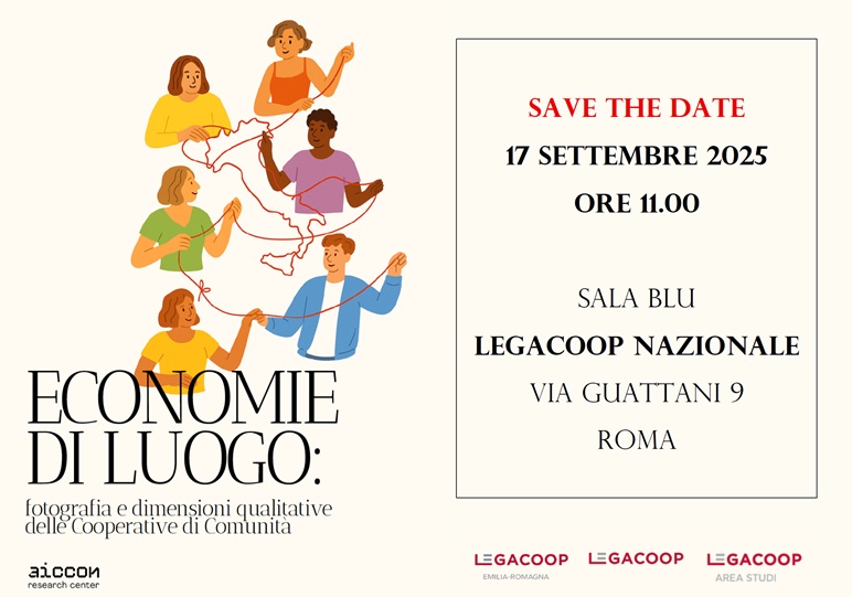 Mercoledì 17 settembre 2025, dalle 10.30 alle 13, si terrà a Roma presso la sala Blu di Legacoop Nazionale (via Guattani 9) l’evento “Economie di luogo: fotografia e dimensioni qualitative delle Cooperative di Comunità“.
Un appuntamento promosso da Aiccon, @legacoop_nazionale , @legacoopemiliaromagna e Area Studi Legacoop, in collaborazione con @coopculture_it , per presentare il Rapporto “Economie di luogo” e approfondire le dimensioni qualitative delle Cooperative di Comunità aderenti a Legacoop.