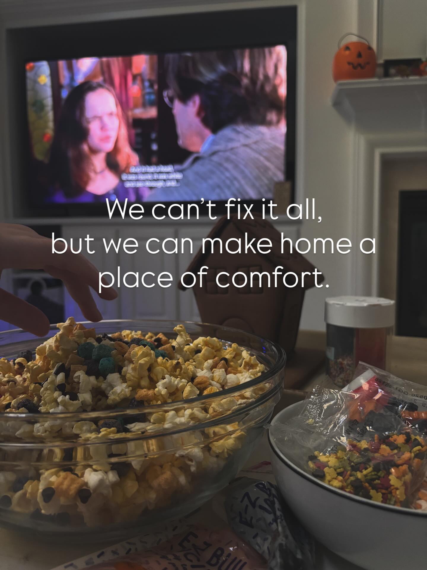 The world can feel so uncertain. On days like today, remembering 9/11, watching gun violence rise, seeing hatred toward those who live differently, and knowing wars and famine still rage on, it’s easy to feel the heaviness.
But I’ve been reminded that what we can do is focus on what’s right in front of us. To create comfort, peace, and safety in our homes.
Today we pulled out the fall décor, made “movie salad” (popcorn + all the goodies 🍿🍫), turned on a Halloween movie 🎃, decorated haunted cookie houses, and just were together.
It’s the little things - laughter, sprinkles on the counter, sticky fingers, snuggles on the couch - that mean the most to our kids (little and big!) when the world feels heavy.
I’m holding my loved ones close and I urge you to do the same. ♥️