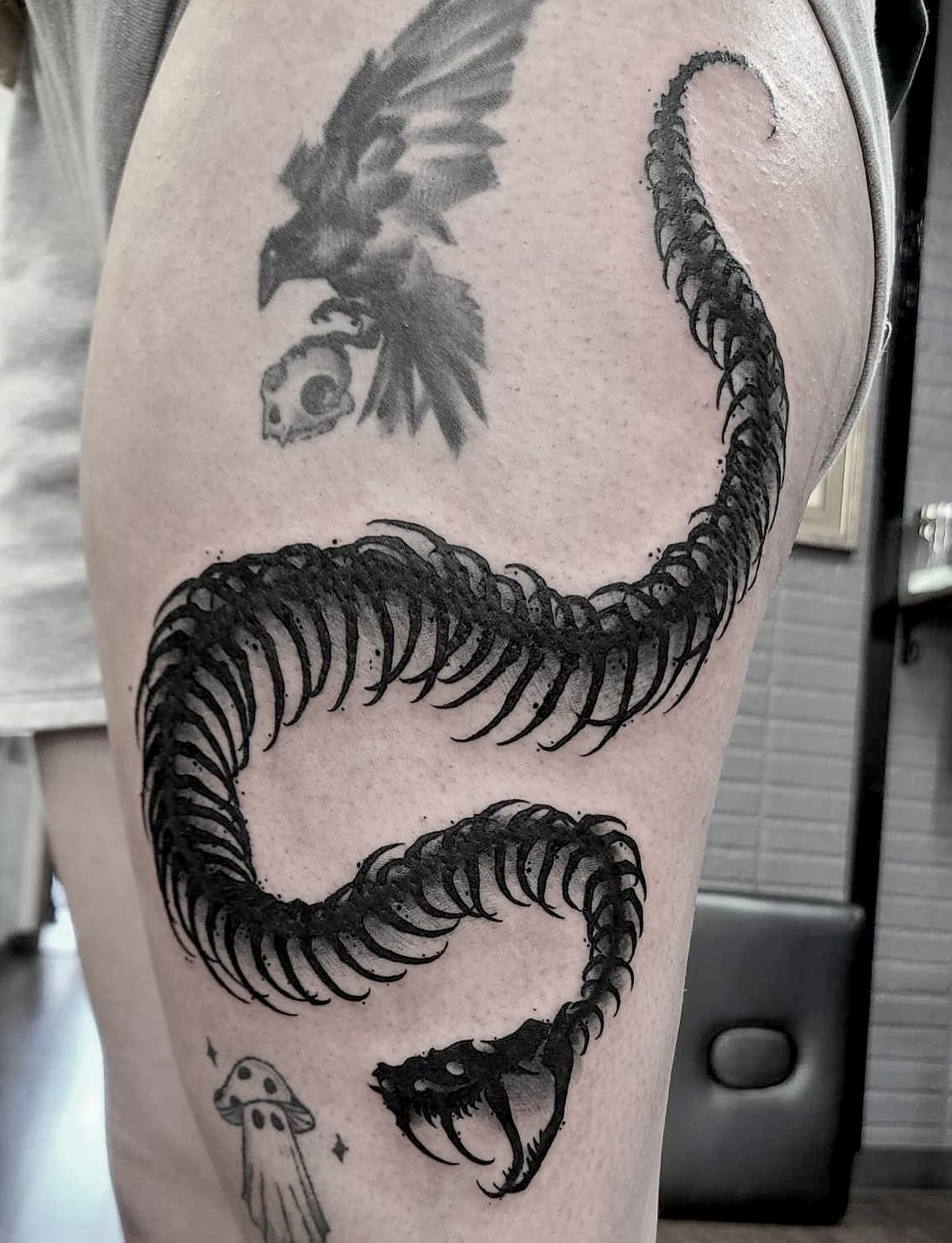 Do you like the creepy and the crawly…? Check out this dark black work viper skeleton thigh piece done by @heathen_tattooer 🐍 ☠️ he is a handful of openings left for September and booking into October, DM him for scheduling info!
#snake #snaketattoo #snaketattoos #snakeskeletontattoo #skeletontattoo #skulltattoo #darkart #darkartist #darktattoo #blackwork #blackworktattoo #blackworktattooartist #tattoos #metal #everett #snohomish #marysville #bellingham #snohomishcounty #cascades #cascadia #goth #pnw #reptiles #seattle #hardcore #venomoussnakes #venomous