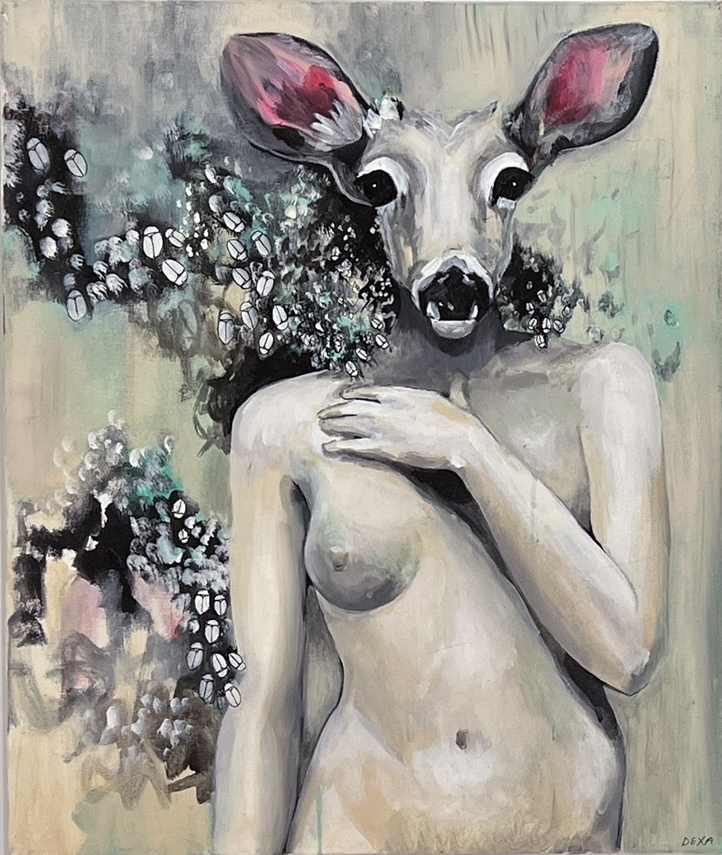 Collect Call 6 Collectors Carrie McCabe-Johnston and Jasha Johnston are celebrating the artists in their collection by inspiring others to include their artwork in their own homes. The unique aspect of this celebration is that the pieces on display are available for sale, allowing you to expand your collection with works by these talented artists.
Dexa earned her B.A. degree in Art and Sociology from the University of Minnesota, with a specialization in acrylic painting, mixed media collage, and drawing. As a figurative artist, Dexa focuses on themes that pertain to body representation and identity.
Studying sociology has directly influenced Dexa’s art by providing her with a knowledge base and a curiosity to develop allegorical images and various interpretations regarding the concept of “the body” and the ways bodies are used to express emotion, shape cultural norms, and convey a multifaceted, fluid, and changeable identity. “The body” as a conveyor of emotion and self-expression, “The body” as identity, “The body” as a product of cultural norms, binary systems, and social constructs, etc. Her art is a varied representation of this concept. An exploration of the gray areas of identity and an attempt to blur the lines between self, collective identity, and persona.
“Untitled #1”, 18” X 24”, $1200, “Untitled #2, 16” X 20”, $700 both Acrylic on Canvas @dexa_art