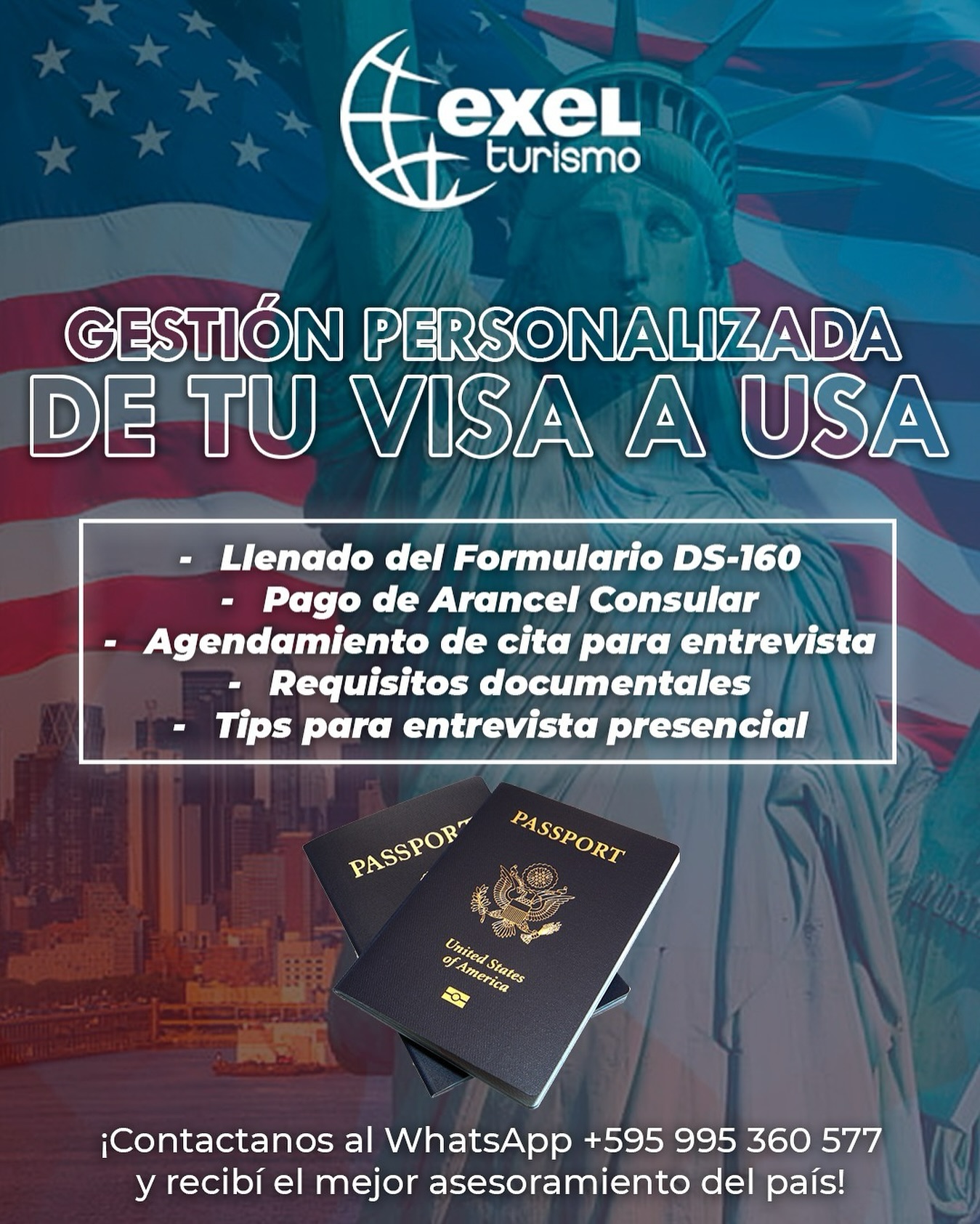 Gestioná tu VISA turista con nosotros 🗽🇺🇸
Escribinos ya mismo y recibí el mejor asesoramiento 😌📲
#VamosConExel ✈️✨