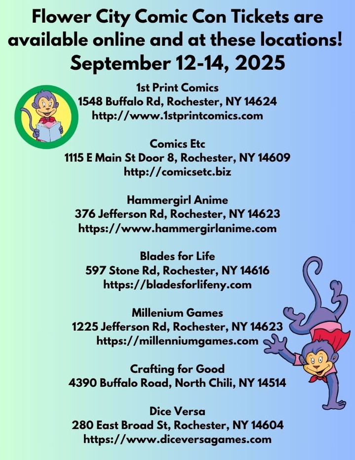 Tickets are on sale online and at these great locations until Friday! There will be tickets available at the door, but if you want to get them ahead of time, stop in and get them! We can't wait to see you this weekend!
1st Print Comics
Comics Etc
Hammergirl Anime
Blades for Life
Millenium Games
Crafting for Good
Dice Versa
#FC3 #FC32025 #ExperienceFC3 #WhereItAllComesTogether