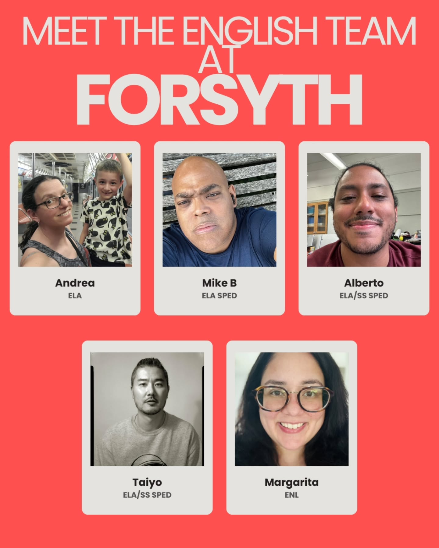 👋 Meet the English Team!
ELA - Andrea, Mike
ELA/SS - Alberto, Taiyo
ENL - Margarita
📖 Want to read stories that make you think and that you actually enjoy?
✍️ Want to write essays like a pro without all of the stress?
They are your ELA DJs - spinning novels, poems, and plays into lessons that actually hit 🎶📚
#ELA #ENL #englishteachers #forsythsatelliteacademy #highschool #transferschools #nychighschools #nyc #consortiumschools #readingisfundamental📚 #experientiallearning