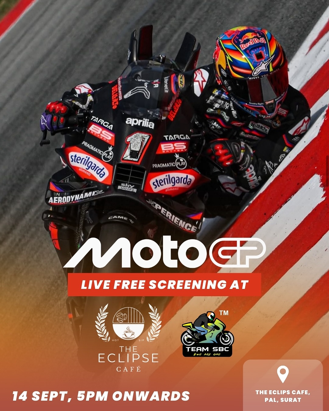 MisanoGP 🇸🇲 is underway this weekend & we have a Free Live Screening for MotoGP race on this Sunday at 5:00pm onwards at @the.eclipsecafe
Join us & write down in comments who you’re supporting in MotoGP this Sunday.
#TeamSBC #EclipseCafe #Surat.#MotoGP #MisanoGP 🇸🇲