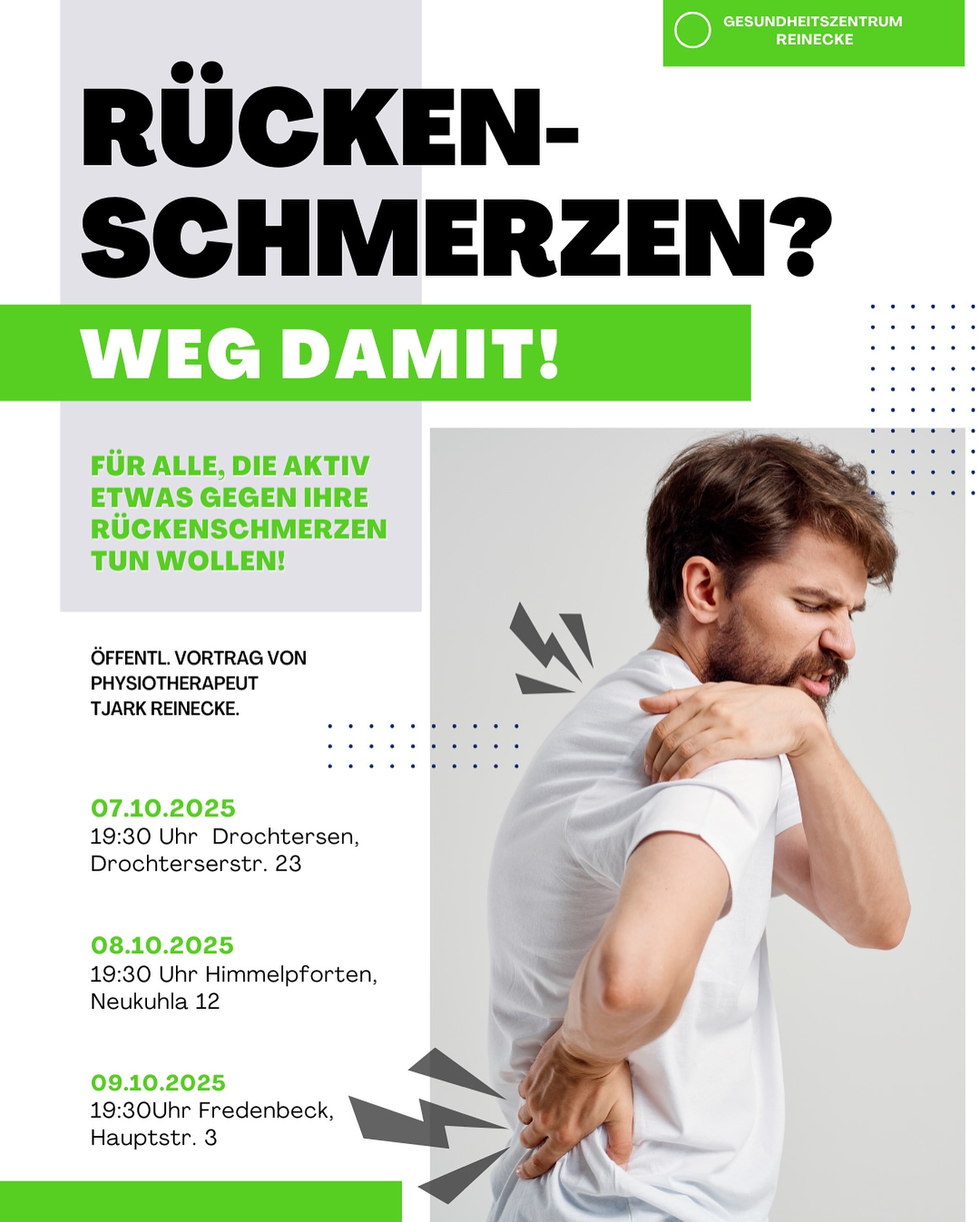 Rückenschmerzen ? Nicht mit uns!
Rückenschmerzen gehören zu den häufigsten Beschwerden – und betreffen Menschen jeden Alters.
Aber: Du kannst aktiv etwas dagegen tun!
Komm zu unserem kostenlosen Vortrag und erfahre:
✅ wie Rückenschmerzen entstehen
✅ welche Rolle Muskeln, Haltung & Alltag spielen
✅ wie gezieltes Training hilft
✅ welchen Einfluss Ernährung auf Schmerz & Entzündungen hat.
🎟️ Eintritt frei
👥 Für alle – egal ob sportlich oder Einsteiger!
Gönn deinem Rücken was Gutes – wir freuen uns auf dich!
#Rückenschmerzen #GesunderRücken