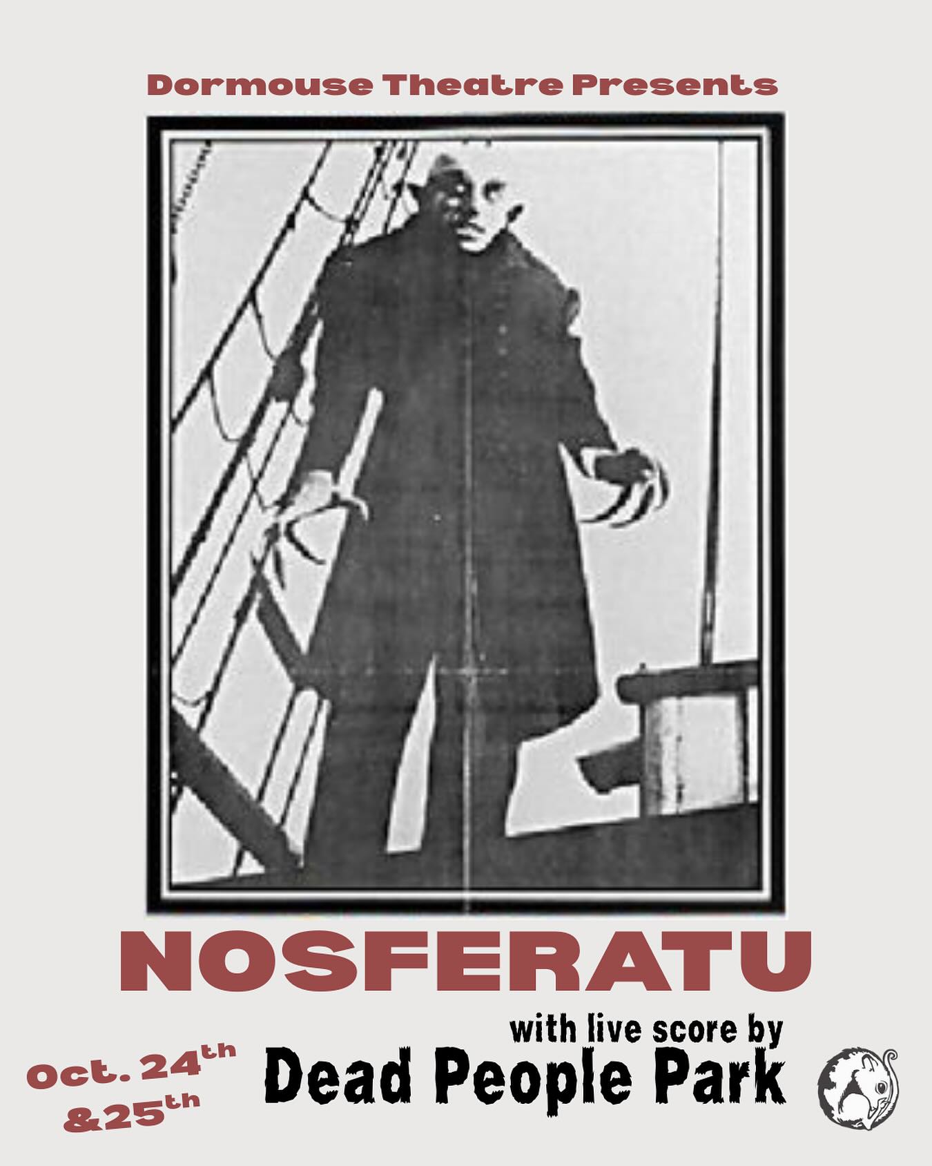 Our next live score in collaboration with @deadpeoplepark is not to be missed!
Fun fact: The original score was composed by Hans Erdmann and performed by an orchestra at the film’s Berlin premiere. However, most of the score has been lost, and what remains is only a partial adapted suite. Thus, throughout the history of Nosferatu screenings, many composers and musicians have written or improvised their own soundtrack to accompany the film.
Seating will be limited to 100 per performance so presale tickets are highly recommended. Tickets are on sale now at dormousetheatre.com