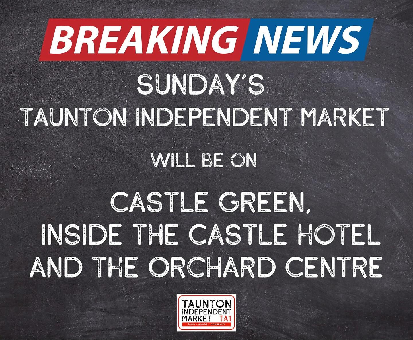‼️BREAKING NEWS‼️
This Sunday’s Taunton Independent Market is going to look a little different, but it’s going to be just as exciting! 😃
With high wind gusts forecast for Sunday, we’re spreading the market across three fantastic venues right in the heart of our town centre to give more protection for our traders and a better shopping experience for visitors.
The Market will now take place on
📍 Castle Green / Castle Bow
📍 Inside the Castle Hotel
📍 The Orchard Shopping Centre
We’re grateful to The Castle at Taunton and The Orchard Shopping Centre for stepping in at late notice to support us, and as always, to our brilliant traders for working with us to make this happen, allowing the market to go ahead in a new and exciting way. 💛
It’s always tough when the British weather throws us a curveball, but we’re embracing the change and can’t wait to welcome you to a slightly different, but just as exciting Taunton Independent Market, this Sunday from 10am–3pm.
Come along, explore all three locations, and shop with some of the best local, independent makers and foodies that Somerset has to offer!🙌
#FoodGoodsCommunity #somerset markets #taunton #sundaymarket #breakingnews