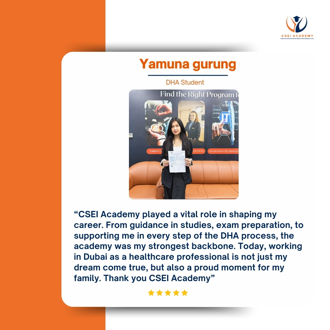 At CSEI Academy, we take immense pride in the accomplishments of our students. Today, we are delighted to share the inspiring journey of Ms. Yamuna Gurung, who has successfully earned her DHA License in Dubai and is now working in a reputed hospital. We congratulate Yamuna Gurung for this milestone and wish her continued success in her healthcare career.
At CSEI Academy, we believe in not just teaching—but in transforming dreams into careers. 💙
#cseiacademy #studentlife #DHA #dhalicence #studyindubai #csei