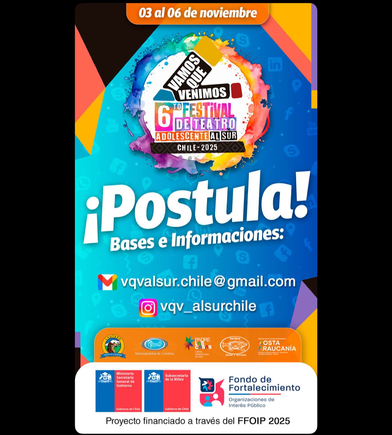 ¡LANZAMOS CONVOCATORIA!
⚠️⚠️ VQV AL SUR 2025 CADA VEZ MÁS CERCA ⚠️⚠️
Si tienes un grupo de Teatro Adolescente o participas en uno...
¡Esta convocatoria es para tí! 🎭
📆Plazo de postulación: Hasta el 20 de Septiembre de 2025
¡TODA LA INFO EN NUESTRA PÁGINA WEB!
👉🏻Bases y ficha en: www.vqvalsur.com/convocatoria
😁Se parte de esta experiencia...🤯
** “Proyecto financiado a través del FFOIP 2025”
#ffoip2025