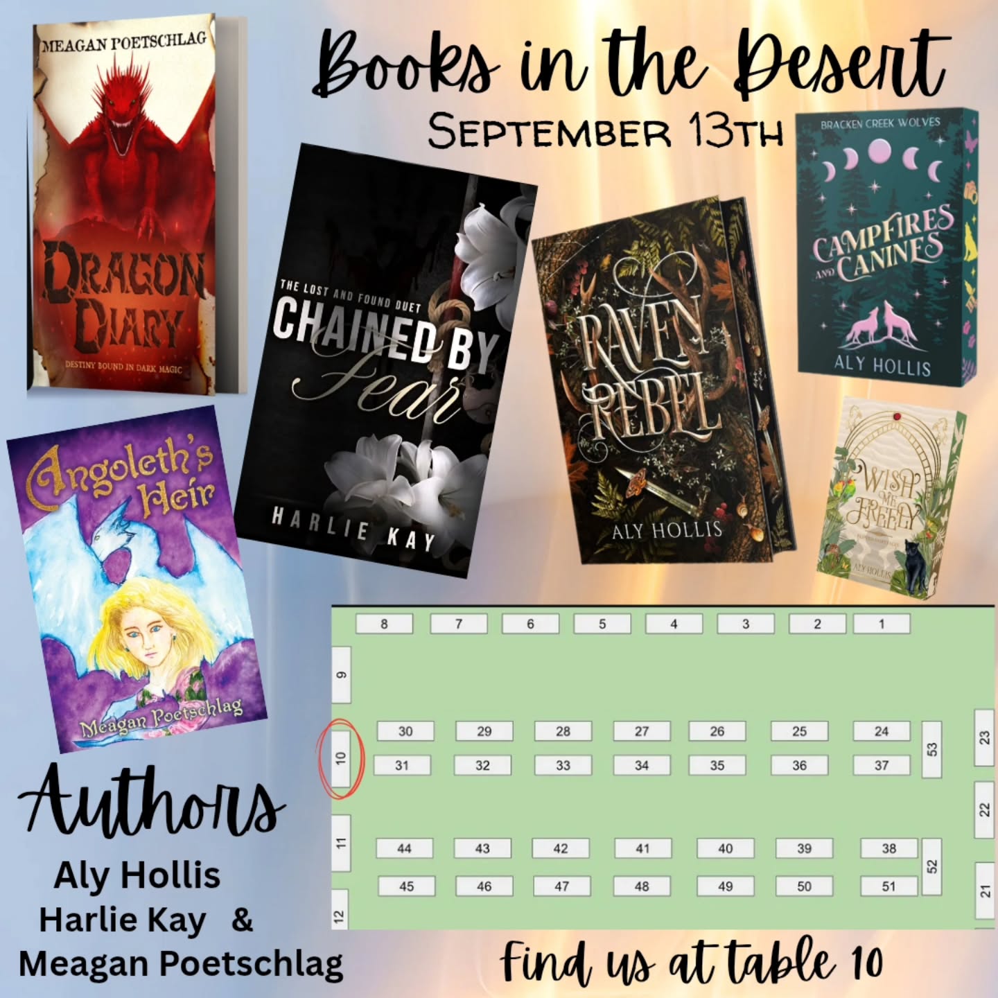 This Saturday
Time to get bookish
The Books in the Desert event starts at 11am on September 13th at the Double Tree Hotel. Its the 4th year of this awesome event. I will be at table 10 with the Dragons of Angoleth.
I will also have the amazing @alyhollis and @author_harlie_kay with me.
Raven Rebel just released and Chained by Fear looks epic. Dont miss out. See you at the event.
#phoenixevents #phoeinixarizona #indiebooks #inmydragonera