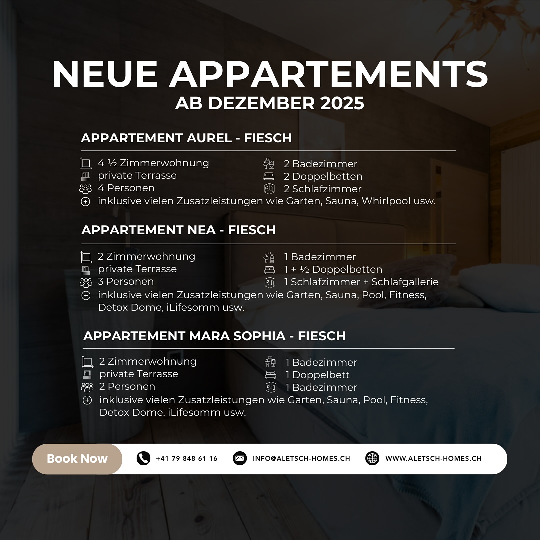 ‼️ Ab Dezember 2025 ‼️
Freu dich auf 3 brandneue, top ausgestattete Ferienwohnungen in unseren Zer Treichi Appartements und im WOO Loft Resort.
Sichere dir schon jetzt deine Auszeit und kontaktiere uns für weitere Informationen!
#aletschhomes #wooloftresort #loftresort #resort #homes #appartements #aletsch #aletschglacier #aletscharena #aletschtradition #switzerland #swiss #swisstradition #holidays #swissholidays #companys #tradition #family #familycompany #fiesch #fiescheralp #eggishorn #mountains #mountainhomes #nr1 #welovealetsch #wearealetsch #booknow
IHR ZUHAUSE IN DEN BERGEN
Location: @aletscharena @aletschguide @woo_loft_resort @aletschhomes @landschaftsparkbinntal @gomstourismus
www.aletsch-homes.ch