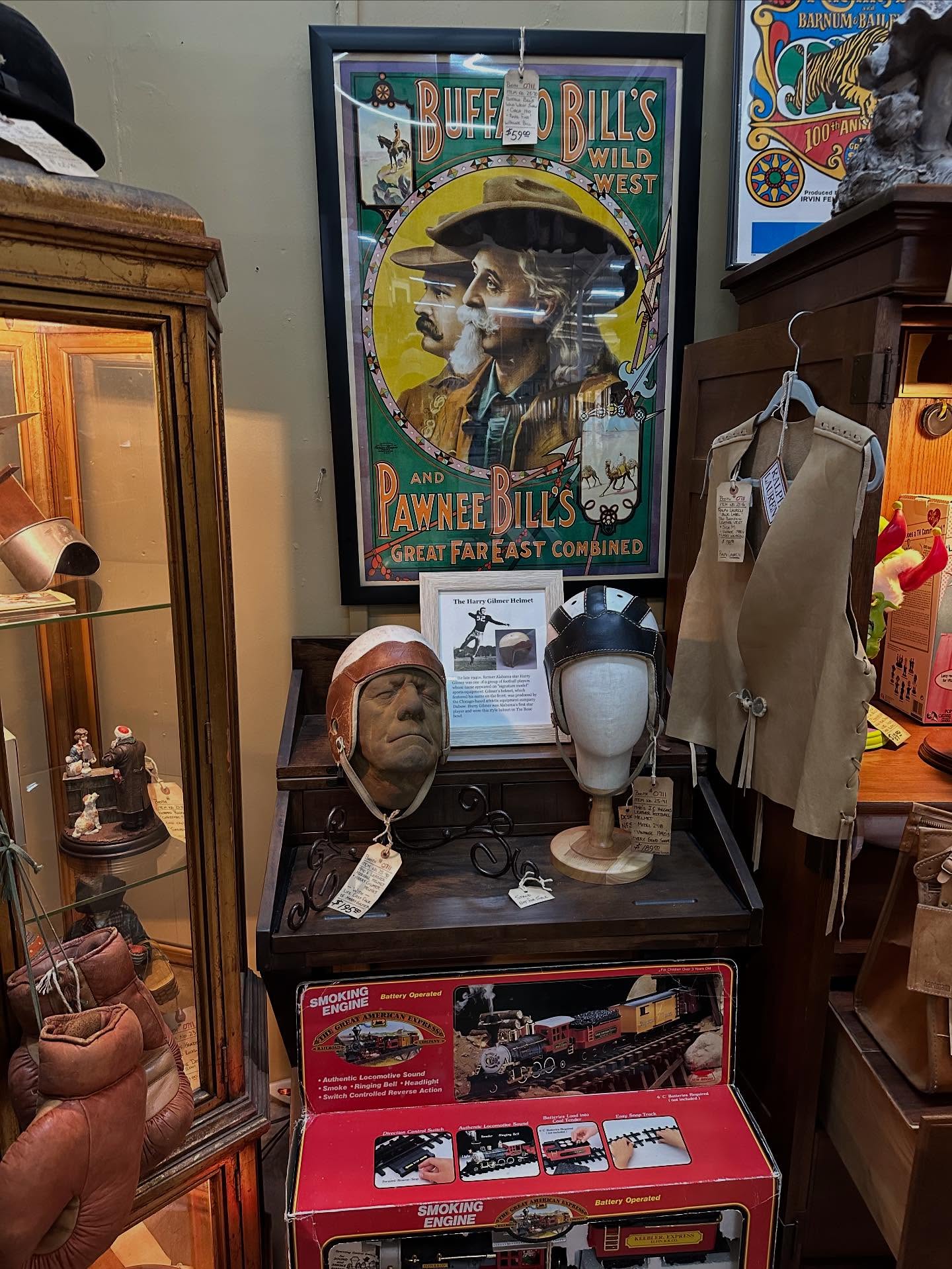 #lonestarantiques Looking for 1940’s leather football helmets? We have 3 to choose from plus 1950’s shoulder pads. Buffalo Bill poster too! Booth 0711.