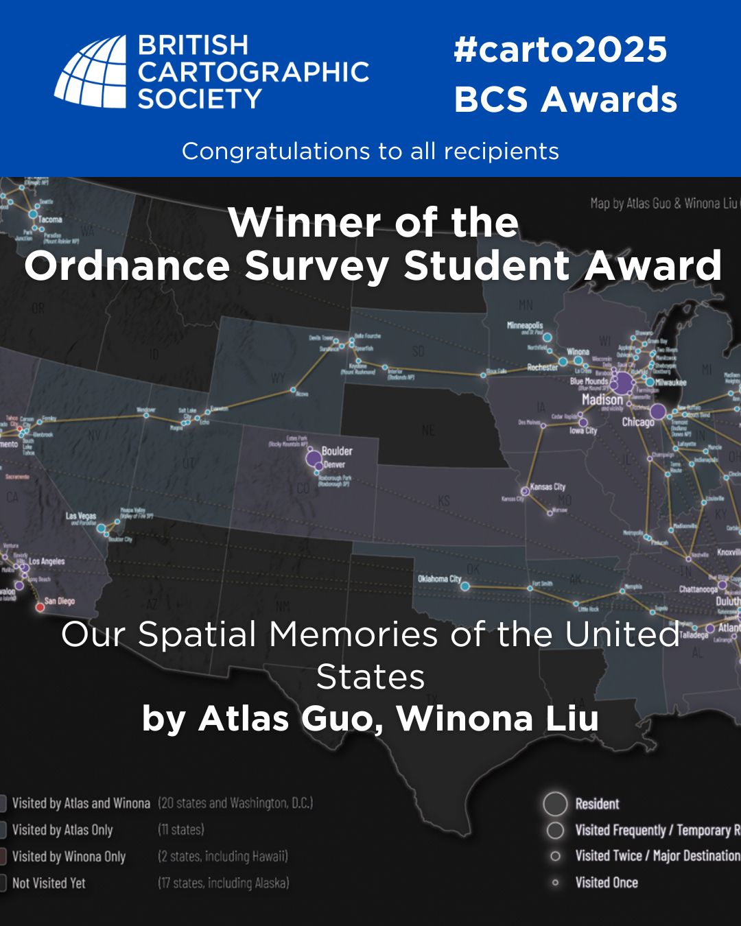 Thank you to @OrdnanceSurvey for their support in sponsoring and judging the best student map award 2025.
Congratulations to our winner for 2025 - Atlas Guo and Winona Liu for their entry “Our spatial memories of the United States”