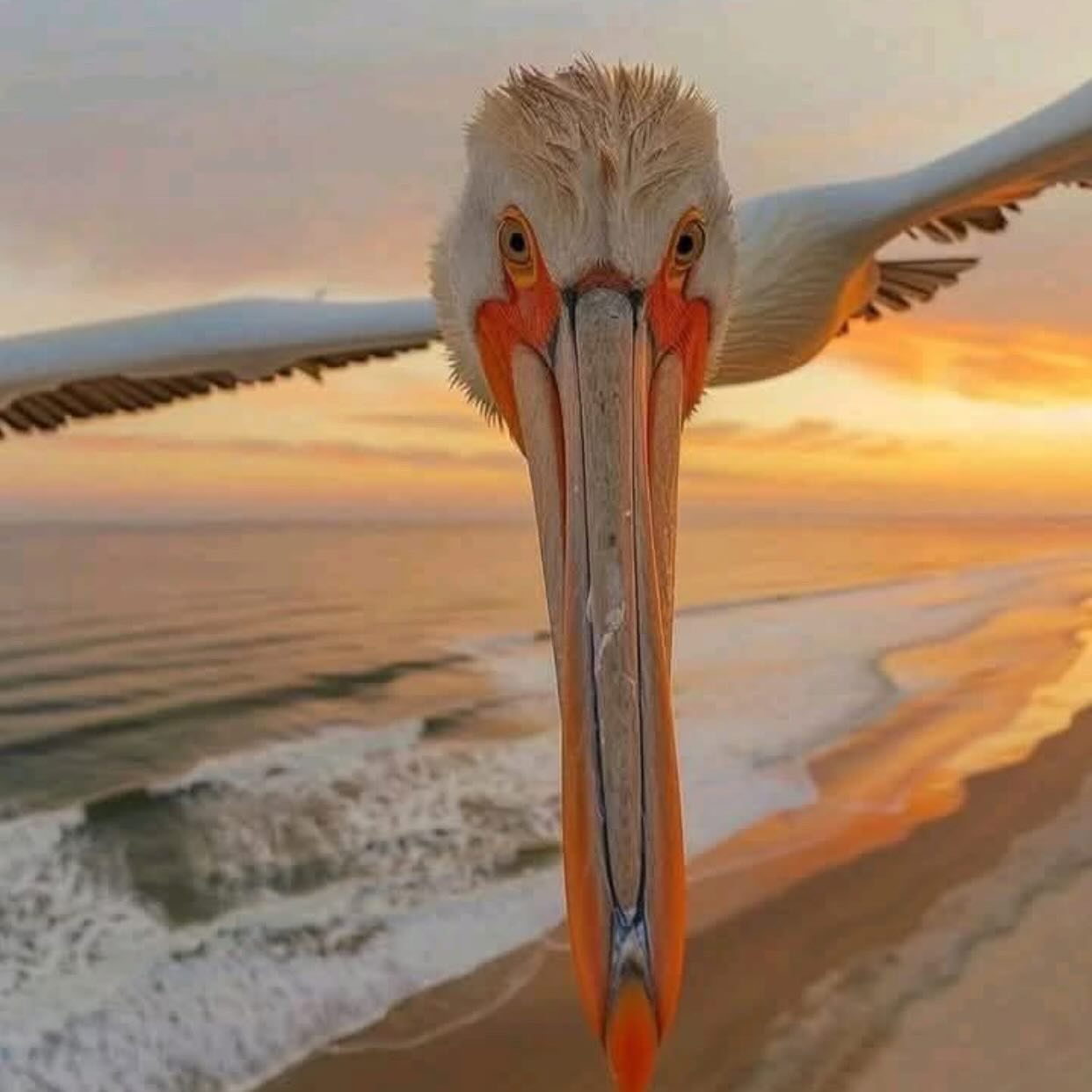 Eye to eye with a magnificent pelican in flight, captured against a stunning coastal sunset. What a breathtaking moment! Thanks George for the share 🙌