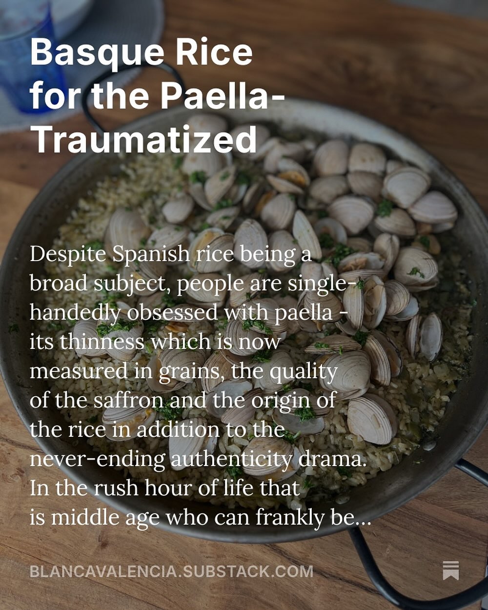 Basque boyfriends, wild clams with rice and a regional culinary education on the substack newsletter this week!
Make this your go to Spanish rice especially if you have a paella making husband at home.
https://blancavalencia.substack.com/p/an-impossibly-easy-basque-rice-with
#substack #substackwriter #arrozconalmejas #riceconcosas #spanishfood