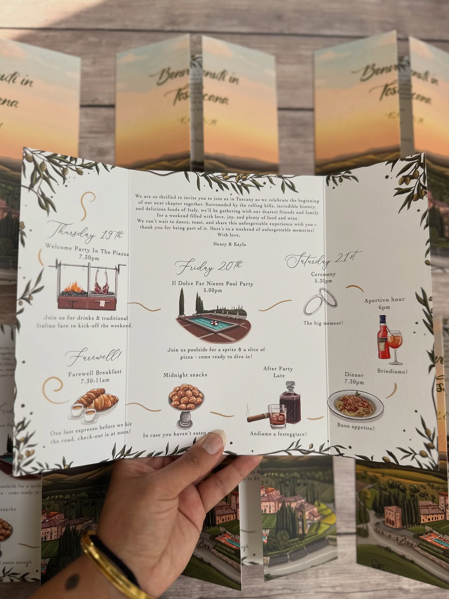 ✨Summer weddings in Tuscany ✨
This illustrated timeline for a wedding in Tuscany was so fun to bring to life! From pizzas by the pool to aperols and limoncello 🍋 this suite has it all 🍕
##onthedaystationery #weddingstationery #illustratedweddingstationery #italianweddingstationery
#weddinginvitations #gatefoldinvitation #illustratedweddinginvitation