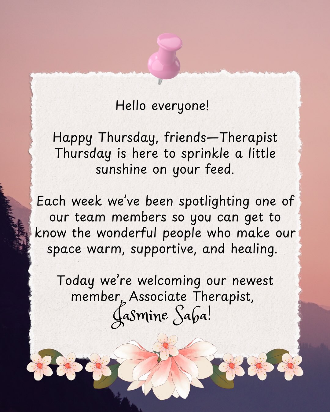 🌈✨ Therapist Thursday ✨🌈
Jasmine Saba (she/her) is an Associate Therapist based in Los Angeles, CA. She identifies as a queer, autistic energy blob with Palestinian-Chilean ancestry. Jasmine loves Mountains, night blooming flowers, the full moon, and napping under the magnolia tree in her front yard. She dreams of living in a tree house, adopting a greyhound, and a world where every living being is safe, happy, and free.
Jasmine’s therapeutic approach is rooted in the belief that you make sense, and your body has the incredible innate capacity to heal. She brings warmth, compassion, and a truly down-to-earth energy into the therapy room, helping clients feel comfortable and supported right from the start. Her relational and collaborative approach provides a nourishing environment that inspires clarity, healing, and growth. Each session is tailored to your unique needs and goals, while based in evidence based practices that create transformational change. Jasmine loves to support individuals and couples create a life filled with meaningful connection, purpose, and joy.
Outside of session, you can find her on a solo hike, trying out a new restaurant with friends, or pulling cards at her altar. She has a past life as a professional baker and while in grad school, started a spiritual business offering tarot readings. She loves to help anyone curious add more magic and spirituality into their daily life. Jasmine doesn’t see healing as a never-ending self-improvement climb, but rather a practice of love, presence, and awareness that one can always return to. She looks forward to walking alongside you on your journey 🩷
As a queer therapist, Jasmine is especially passionate about creating an affirming space where everyone can feel seen, heard, and celebrated. We’re thrilled to have her bright spirit and caring heart on our team! 💛
If you’re interested in learning more about our services or connecting with one of our therapists, we’d love to hear from you. You can reach us through our contact information provided on our home page, whether you’re ready to begin your therapeutic journey or simply have questions, we’re here to support you.
#wingsofchange #fyp
