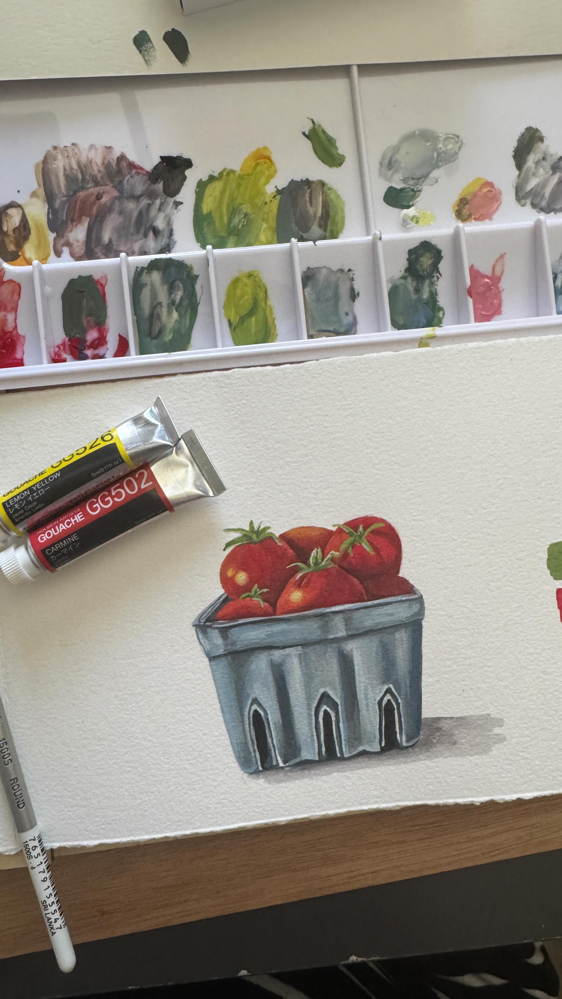 Tomatoes in gouache inside my journal!
Using only primary colors, black & white.
Love how vibrant it is! @holbeinartistmaterials
However ….
Was trying a new way to film since my hand is in the way… soooo upside down sideway… definitely a different way! 😆😆😆
#gouache #tomatoart #artinmyjournal #primarycolors #artretreatprep #gouacheartwork