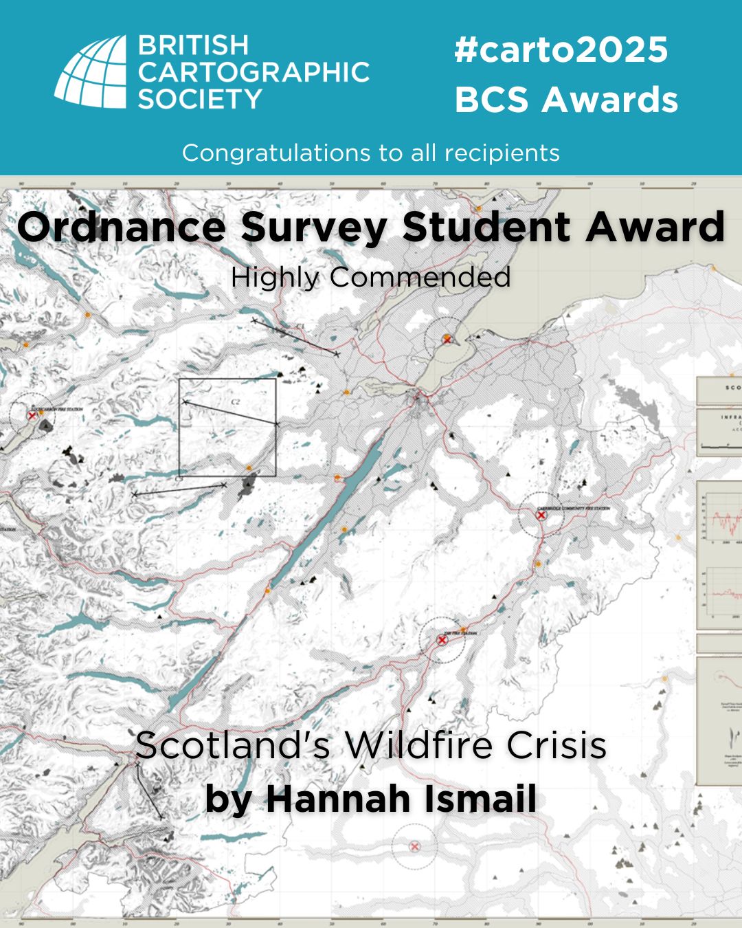 Thank you to @OrdnanceSurvey for their support in sponsoring and judging the best student map award 2025.
Congratulations to the three runners up in this category: Matthew Young, and Highly Commended entries from both Hannah Ismail, and Chenlei Jiang.