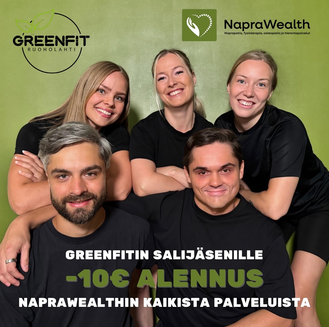 Greenfitin salijäsenille -10 euron alennus kaikista NapraWealthin palveluista! 🤩
NapraWealthin porukka on kasvanut ja palvelutarjonta on laajentunut! NapraWealth:n palveluihin kuuluvat naprapatian ja hierontapalveluiden lisäksi nyt myös: fysioterapia, osteopatia ja kuivakuppaus!
Jonna, Henriikka ja Lilian ovat koulutukseltaan naprapaatteja ja hierojia, joten heille voit varata ajan naprapatiaan tai hierontaan. Lilian tekee myös kuivaneulausta naprapatian ja hieronnan lisänä!
Niklas on koulutukseltaan osteopaatti ja urheiluhieroja, joten Niklakselle voit varata ajan osteopatiaan ja hierontaan!
Jami on koulutukseltaan fysioterapeutti, ja tekee myös hierontaa sekä kuivakuppausta!
Voit varata ajan osoitteesta: naprawealth.fi/ajanvaraus
#naprawealth #liikkumisentueksi #naprapatia #osteopatia #fysioterapia #urheiluhieronta #hieronta #helsinki #ruoholahti